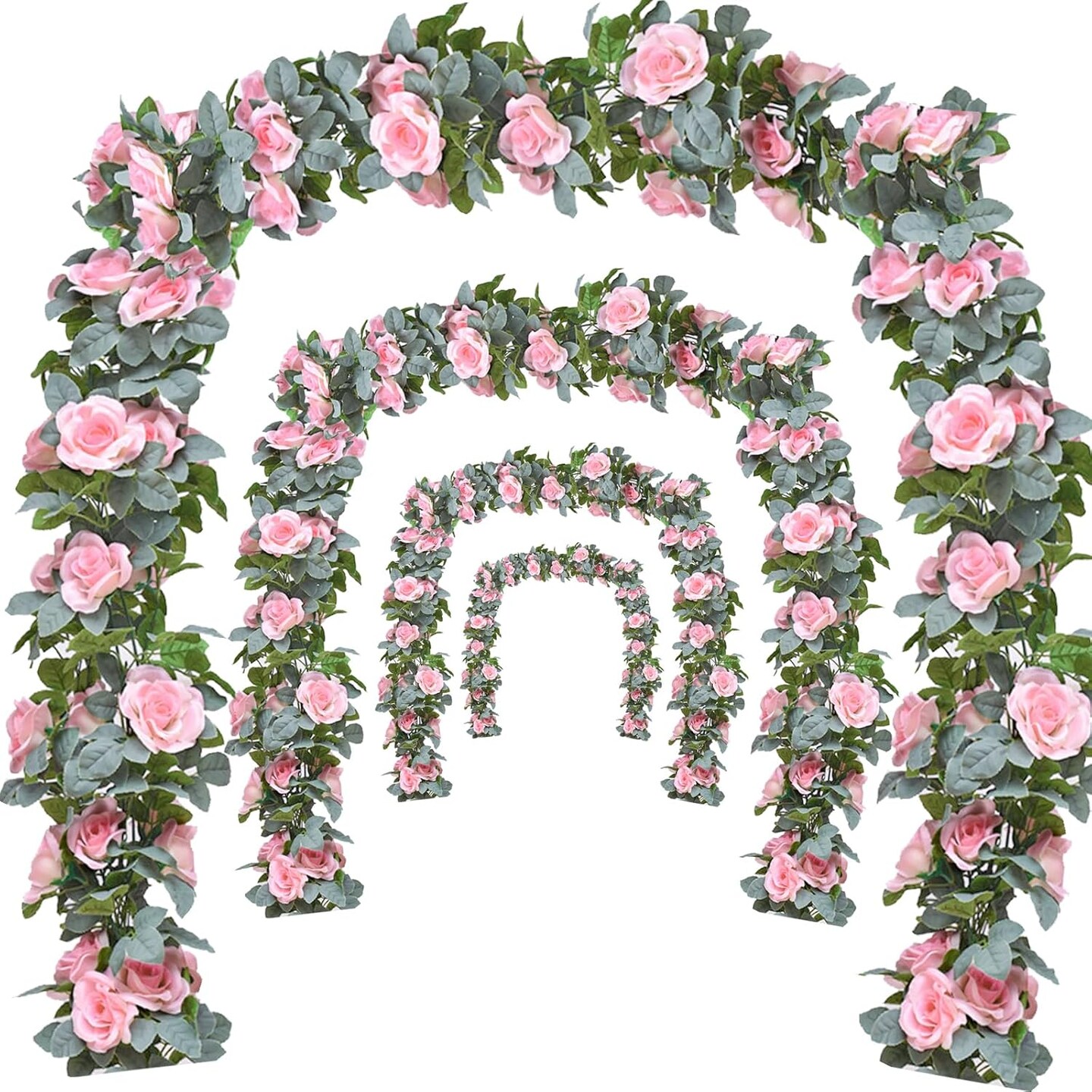 Flower Garland Rose Vine – 4Pcs 28FT Artificial Floral Garland with Green Leaves, Hanging Rose Vine for Wedding, Party, Garden, and Home Wall Decor (Light Pink)