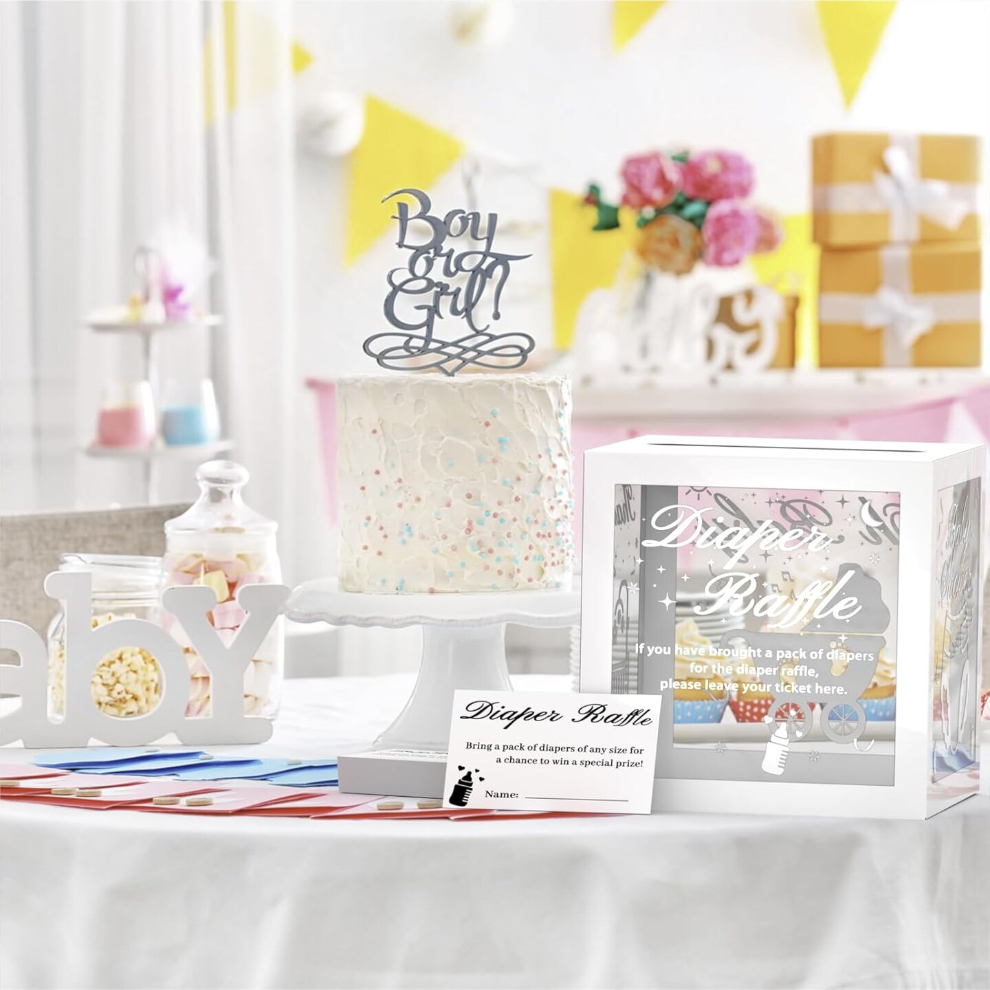 50 Pcs Diaper Raffle Tickets With Box for Baby Shower, Gender Reveal Card, Games, Party Decorations, Table Centerpiece