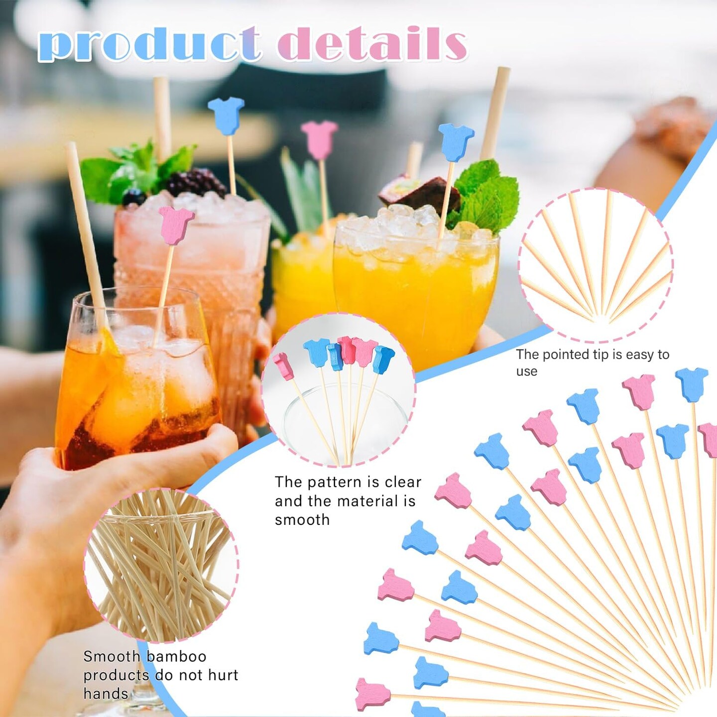 Baby Gender Reveal Cocktail Picks Boy or Girl Theme Decor Long Toothpicks Fruit Sticks Skewers for Appetizer Charcuterie Food Sandwich, Baby Shower Decorations Themed Party Supplies