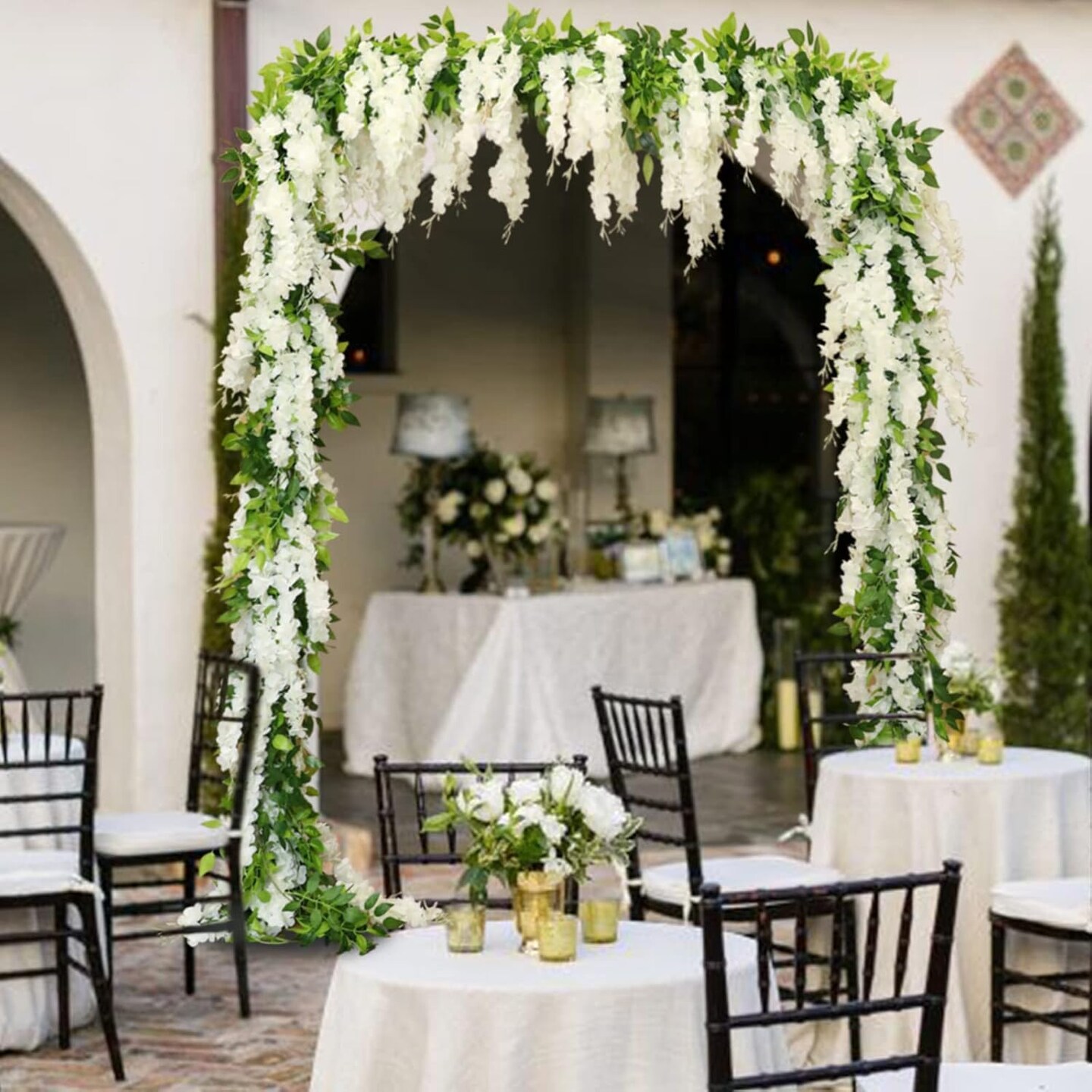 Wisteria Artificial Flowers Garland, 2Pcs Total 14.4ft Silk Faux Wisteria Vine Kit, Hanging Flower Plant for House Outdoor Garden Ceremony Outside Wedding Arch Floral Decor