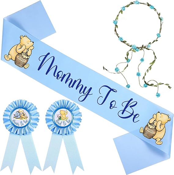 Winnie Baby Shower Sash Mom to Be Sash and Dad to Be Pin Flower Crown for Gender Reveals Party Baby Shower Decorations
