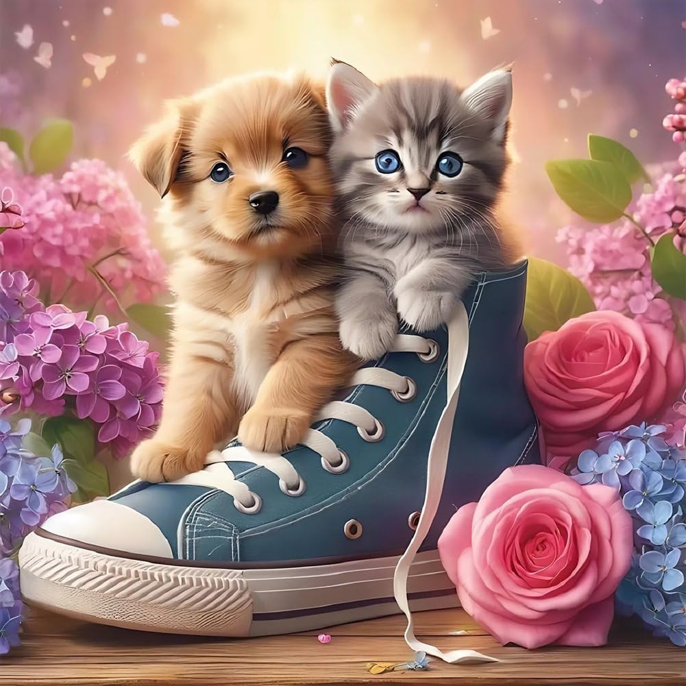 5D DIY Diamond Painting Kit Dog and Cat Animal Diamond Art Full Drill Crystal Rhinestone Painting Kits for Adults Beginners 12x12 Inch Home Wall Decor Flower Gift