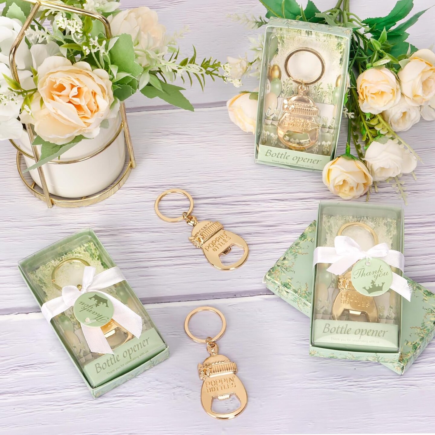 50Pcs Popping Bottle Openers Baby Shower Party Favors for Guests Bottle Opener Keychain Decorations and Souvenirs with Gift Box, for Gender Reveal Return Giveaways