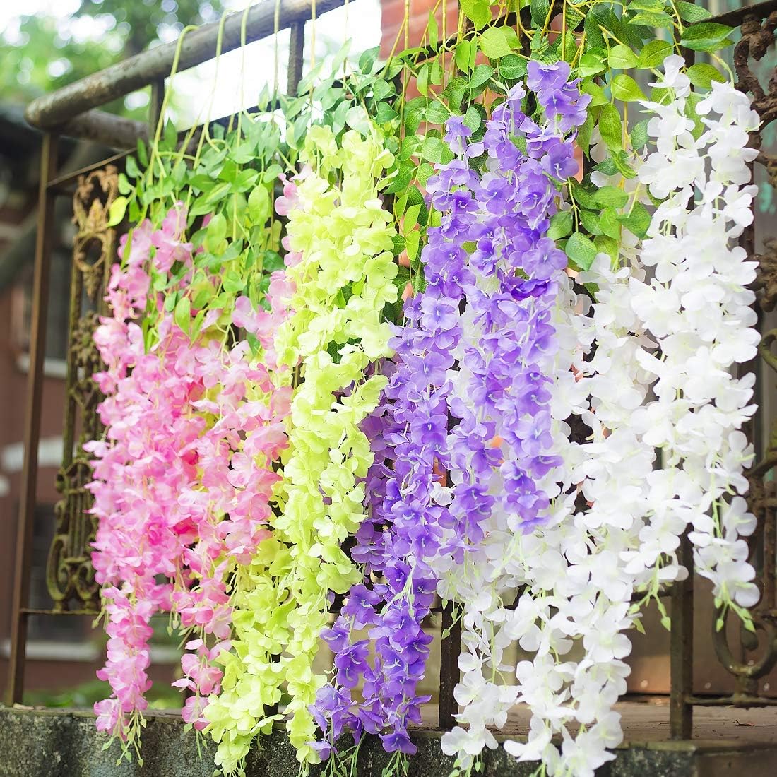 12 Pack Wisteria Hanging Artificial Flowers – 36 Branches, 3.7 ft Silk Vine Garland in Beige, Green & White for Wedding, Party, Garden & Home Wall Décor