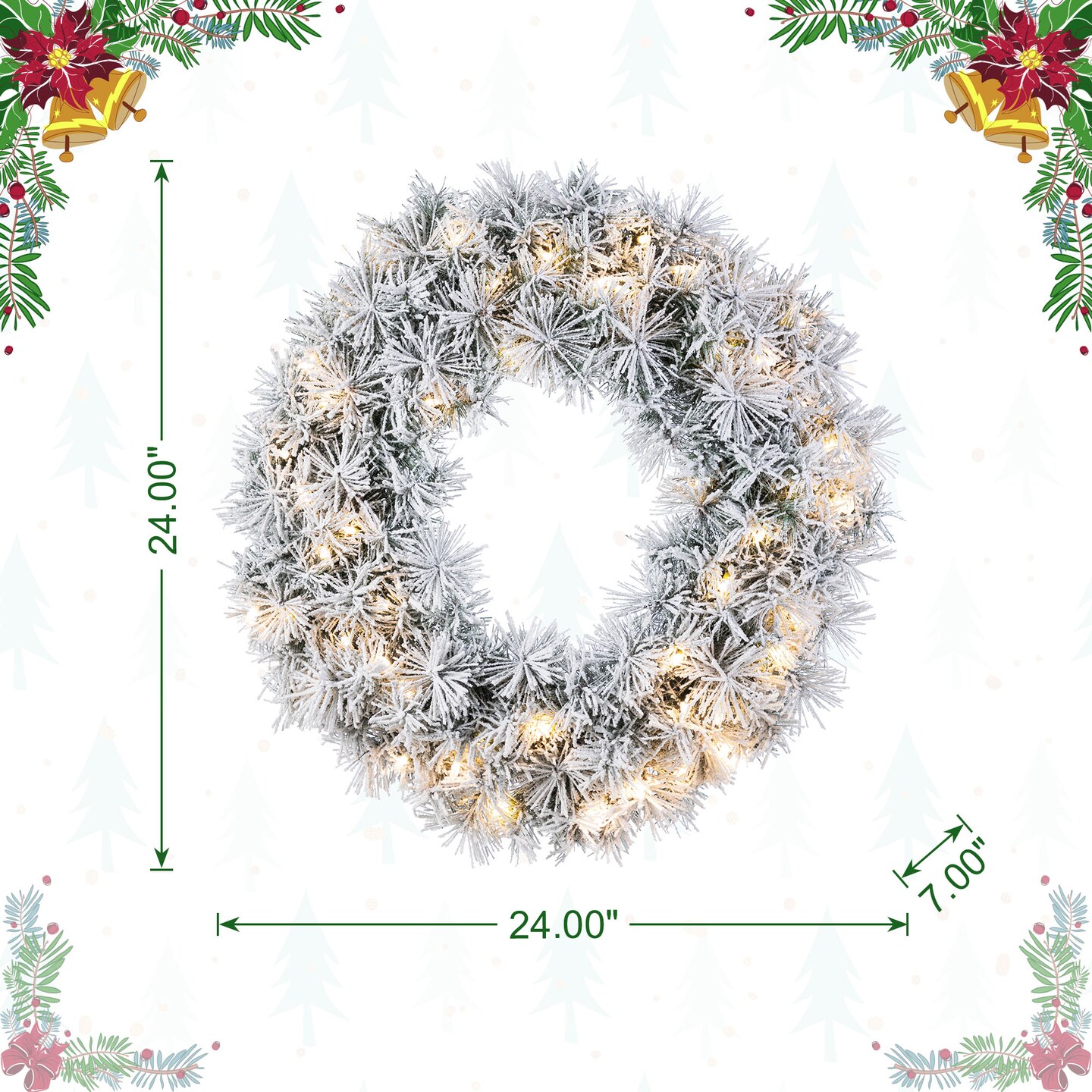 Christmas Snow Flocked Greenery Pine Garland & Wreath & Teardrop Set, with Warm White/Multi-color C3 Clear LED Lights and Timer,8 Function