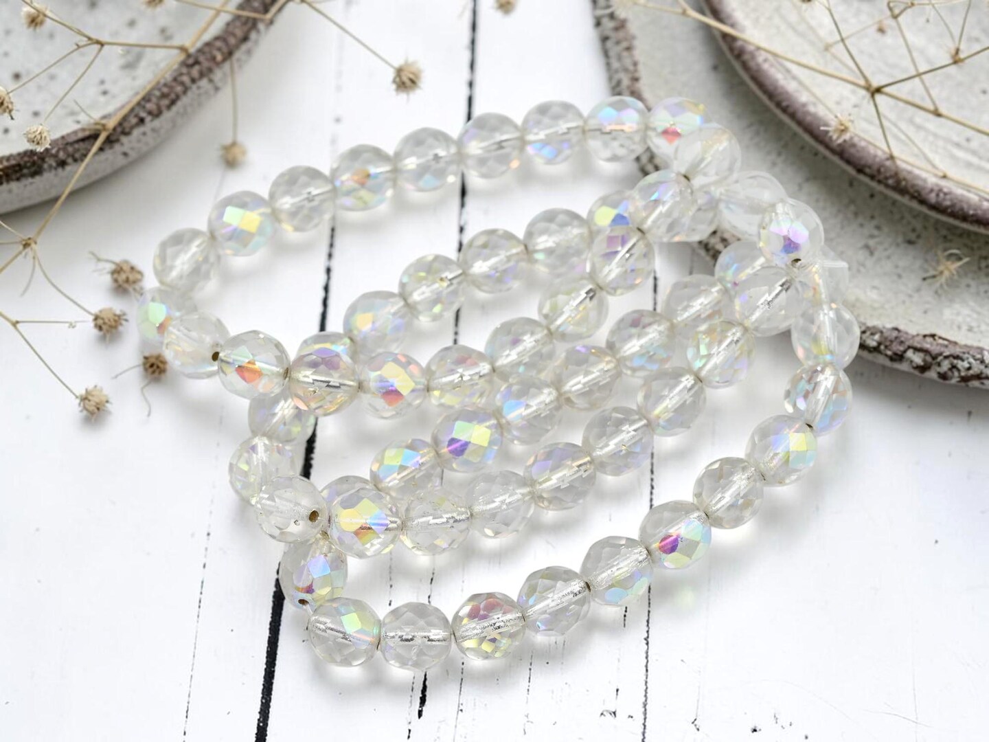 *20* 8mm Silver Rainbow AB Washed Crystal Fire Polished Round Beads