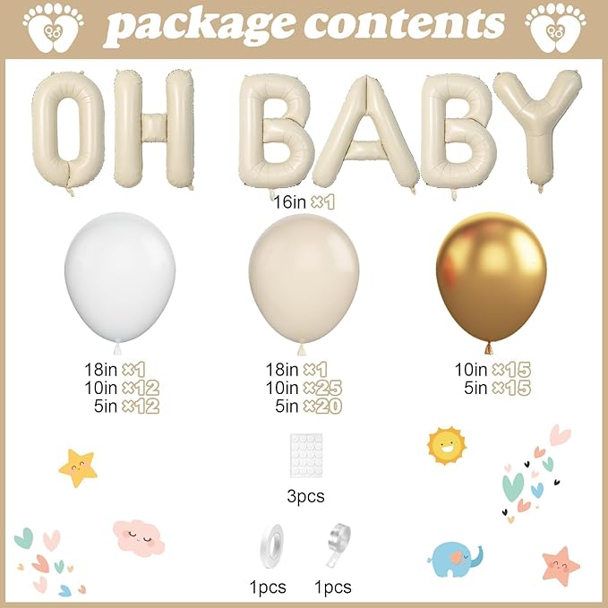 White Sand and Gold Balloon Garland Arch Kit - Oh Baby Foil Balloon Banner & Boho Neutral Decorations for Baby Shower, Gender Reveal, & Birthday Party