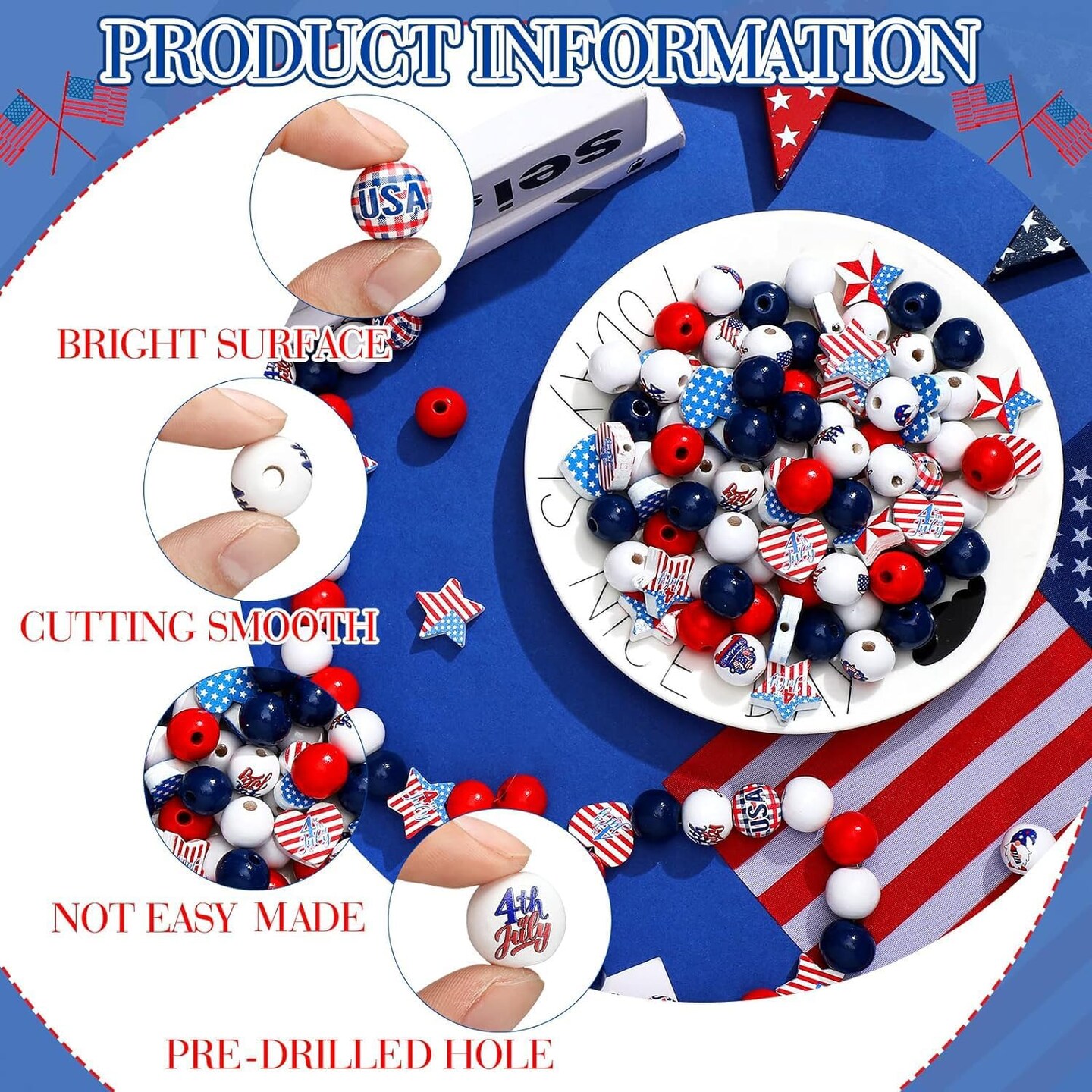 200 Pcs 4th of July Wood Beads
