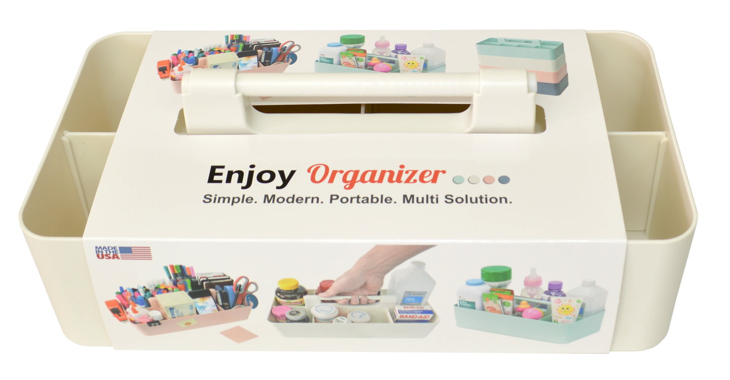 Enjoy Organizer Portable Caddy with Handle – 8-Compartment Storage Bin with Removable Dividers for Office, Crafts, and Home – Made in USA