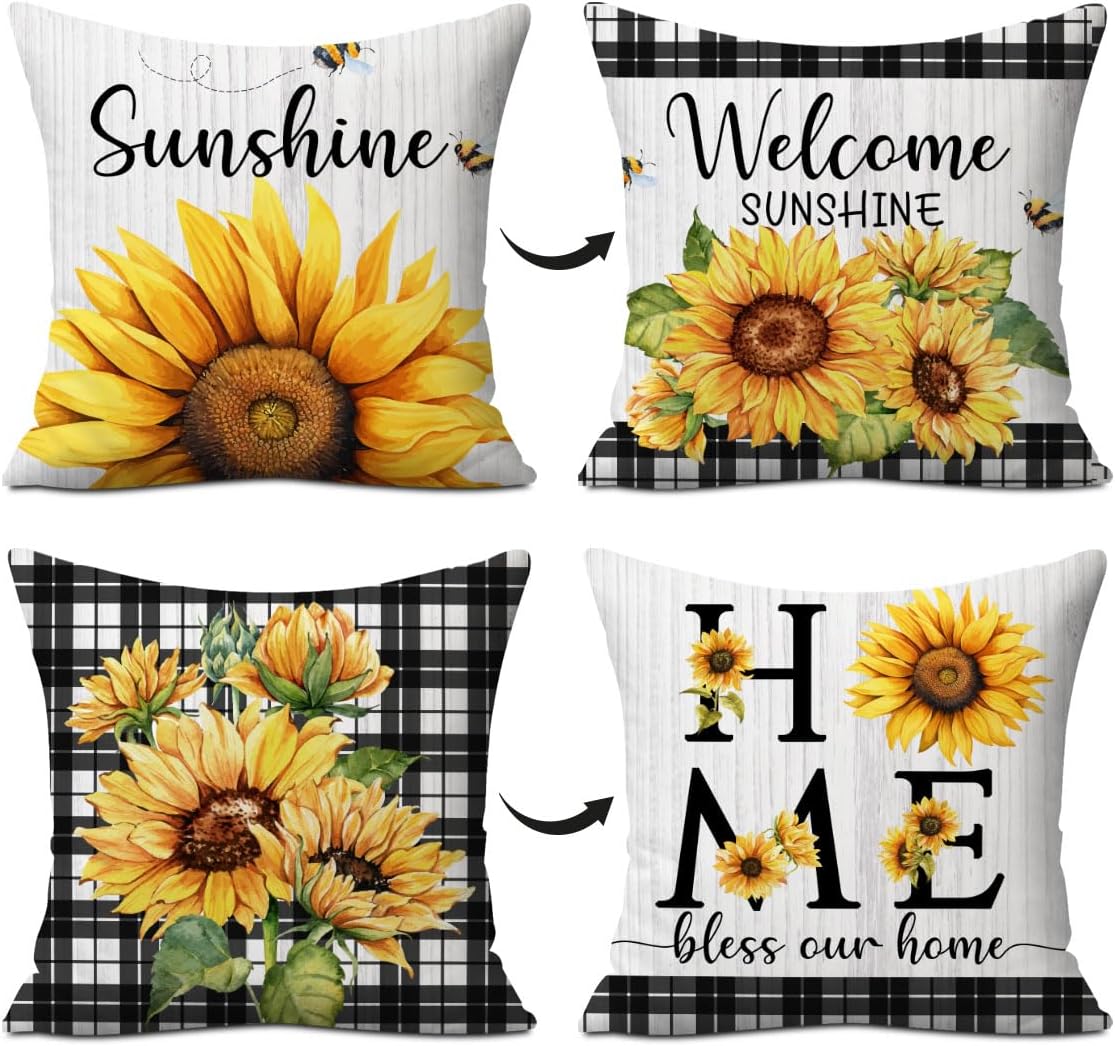 Sunflower Decorative Throw Pillow Covers, Set of 2, Sweet Home Decorations Cushion Case for Sofa Couch, Sunflower Decor Gifts for Home Living Room Bedroom, 18x18 Inch Pillow Cases