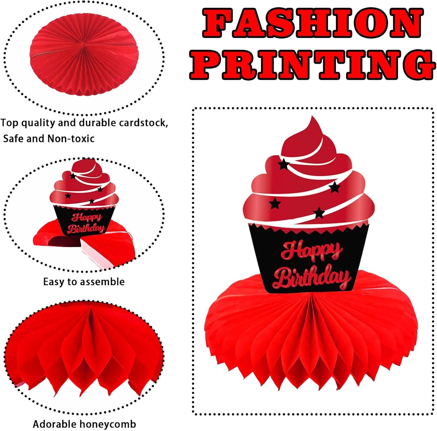 Happy Birthday Red and Black Table Honeycomb Centerpieces Balloons Theme Decor Table Decorations Table Toppers for Girls Women Princess 6th 21st 30th 40th 50th 60th Birthday Party Bday Supplies Gold