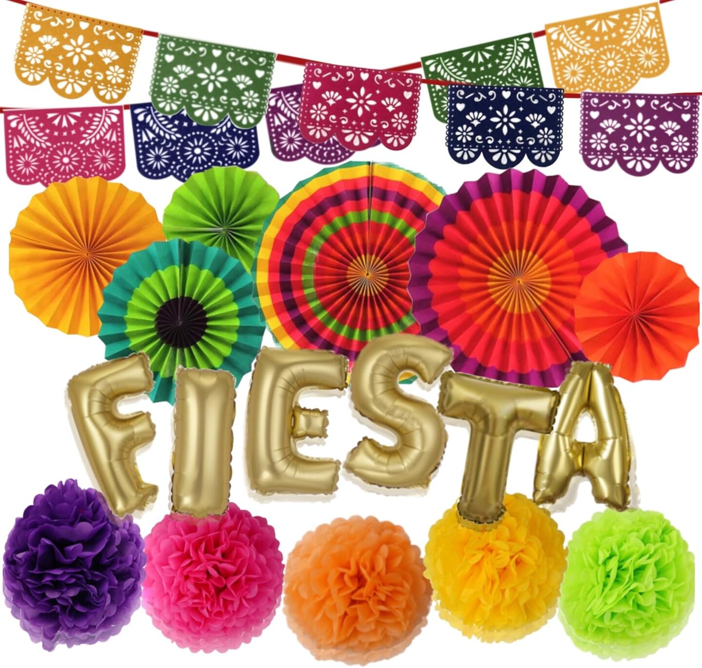 Mexican Fiesta Party Decorations &#x2013; Cinco De Mayo - 6 Paper Fans, 5 Flowers Pom Poms, Papel Picado, Editable PDF Games - Taco Bout Tuesday, Birthday, Engagement Supplies
