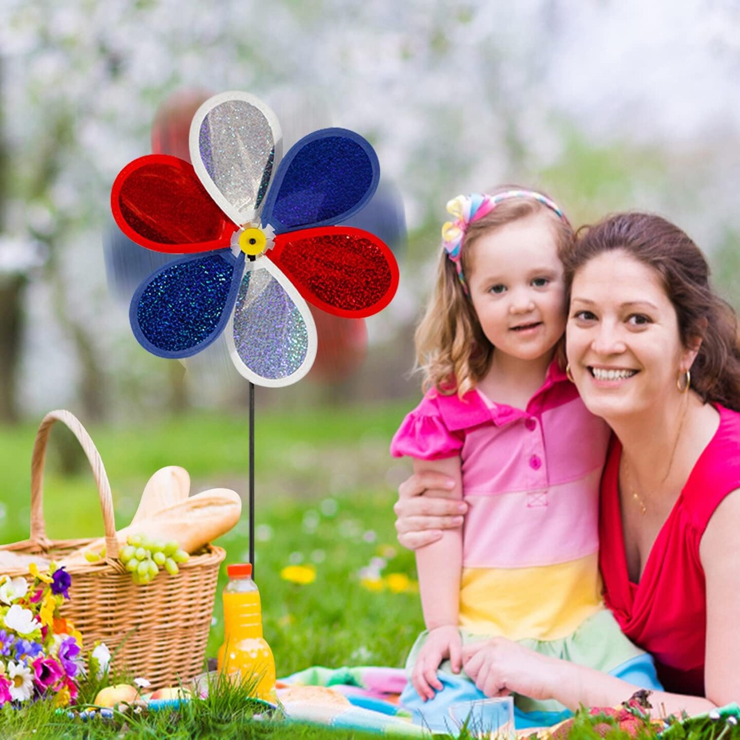 4PCS Garden Wind Spinners for Kids Outdoor, American Flag Color Lawn Yard Decorative Pinwheel Colorful Whirligigs Windmill