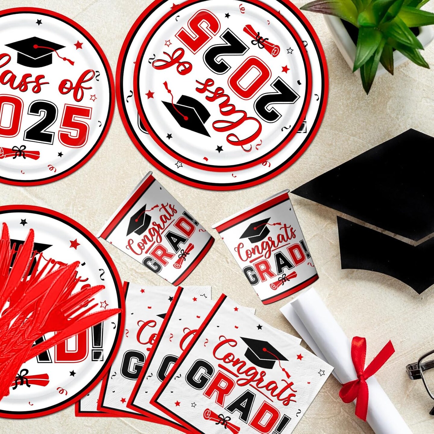 Red and Black Graduation Decorations Dinnerware Set, Class of 2025 Graduation Plates and Napkins, Graduation Plates and Cups and Napkins Set for Congrats Grad Party Decorations