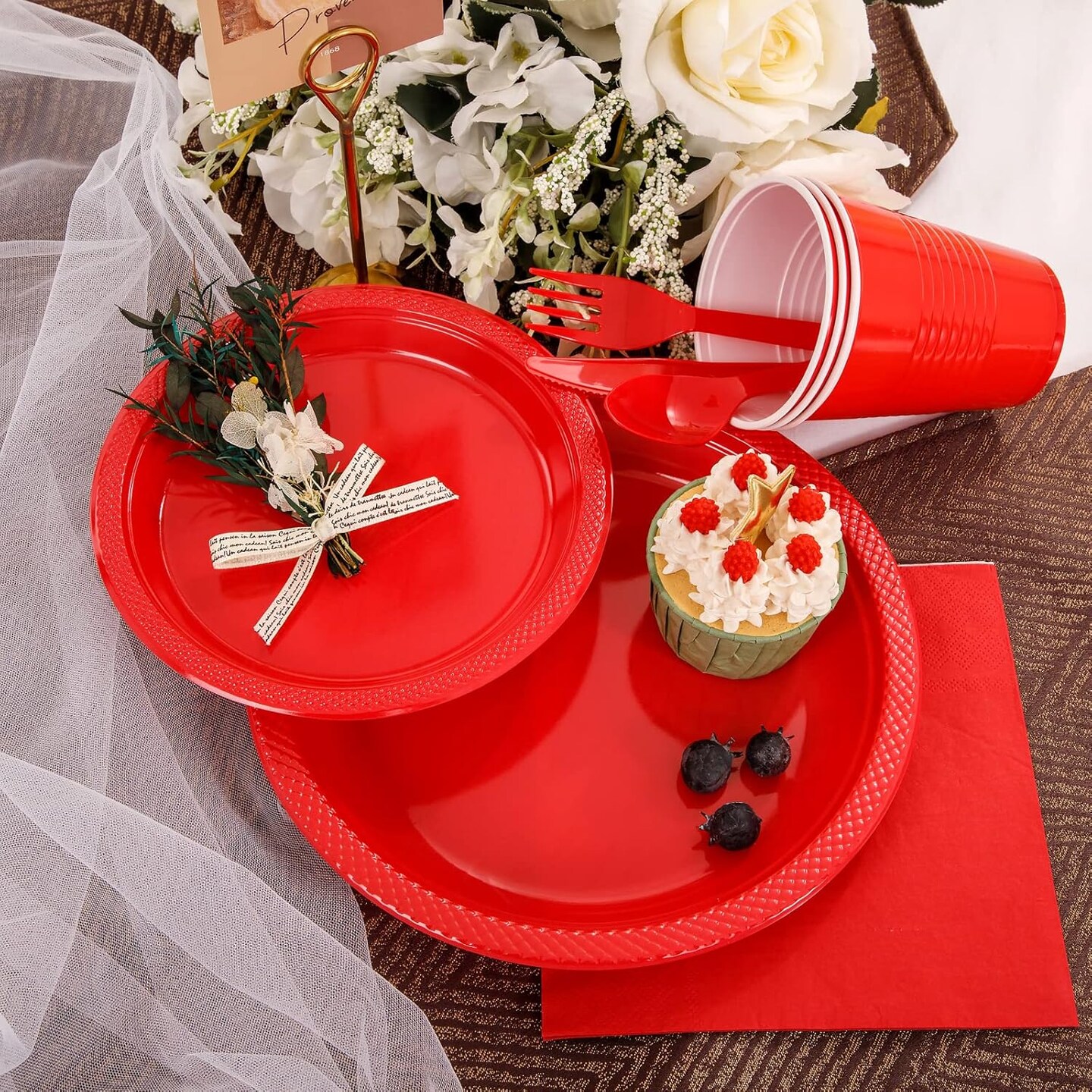 350PCS Red Disposable Plastic Plates,Valentines Day Plates Includes 50 Dinner Plates, 50 Salad Plates, 50 Sets of Red Silverware, 50 Red Napkins and 50Pcs 12OZ Plastic Cups