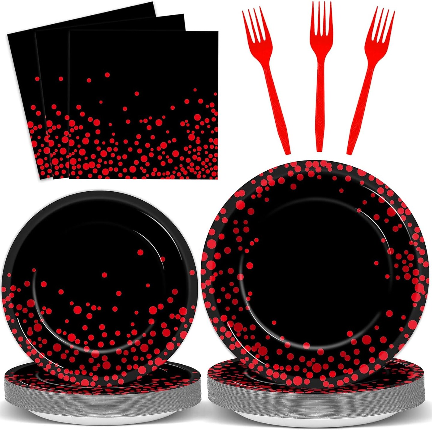 96 Pcs Black and Red Party Plates and Napkins Party Supplies Red Dot on Black Party Birthday Tableware Set Decorations Favors for Birthday Baby Shower Serves 24