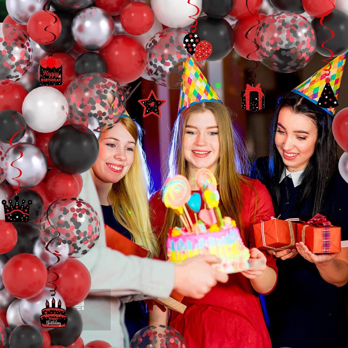 Red and Black Birthday Decorations - Arch Garland Kit with Happy Birthday Banner Backdrop, Hanging Swirls for Party Decor Supplies