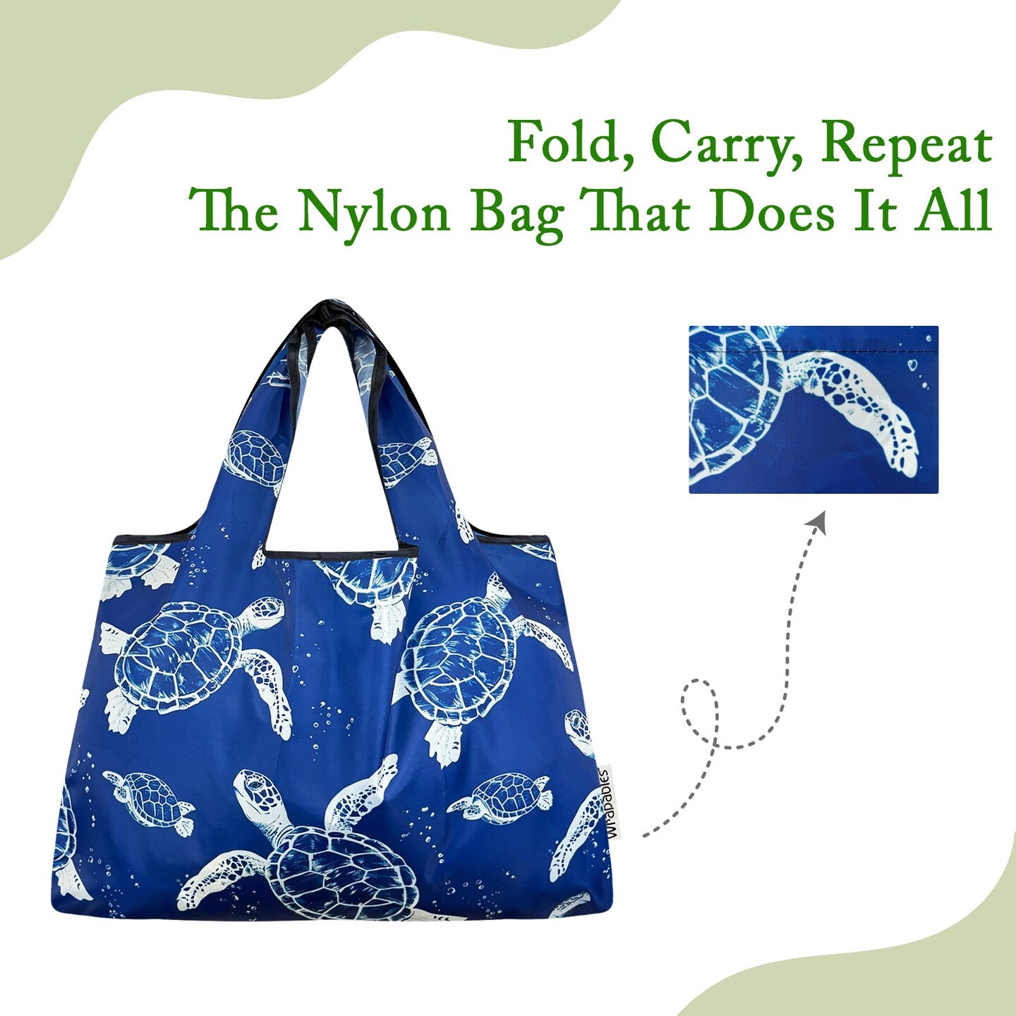 Wrapables Large Foldable Tote Nylon Reusable Grocery Bags, Marine Turtles
