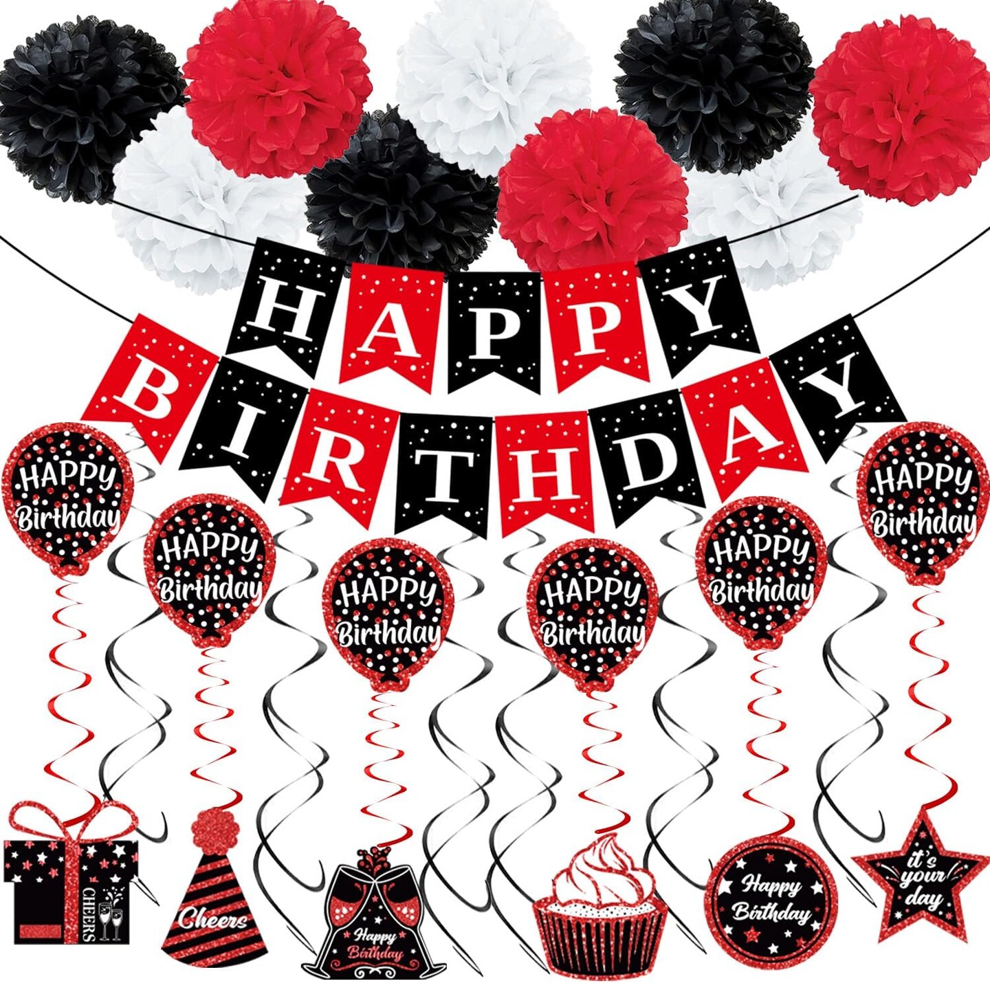 Birthday Decorations Red Black, Happy Birthday Party Decorations for Men Women Boys Girls (48pack), Happy Birthday Banner Gifts, Double-Sided Pattern Card, 9 Pompoms, Hanging Swirl Bday Decor Supplies