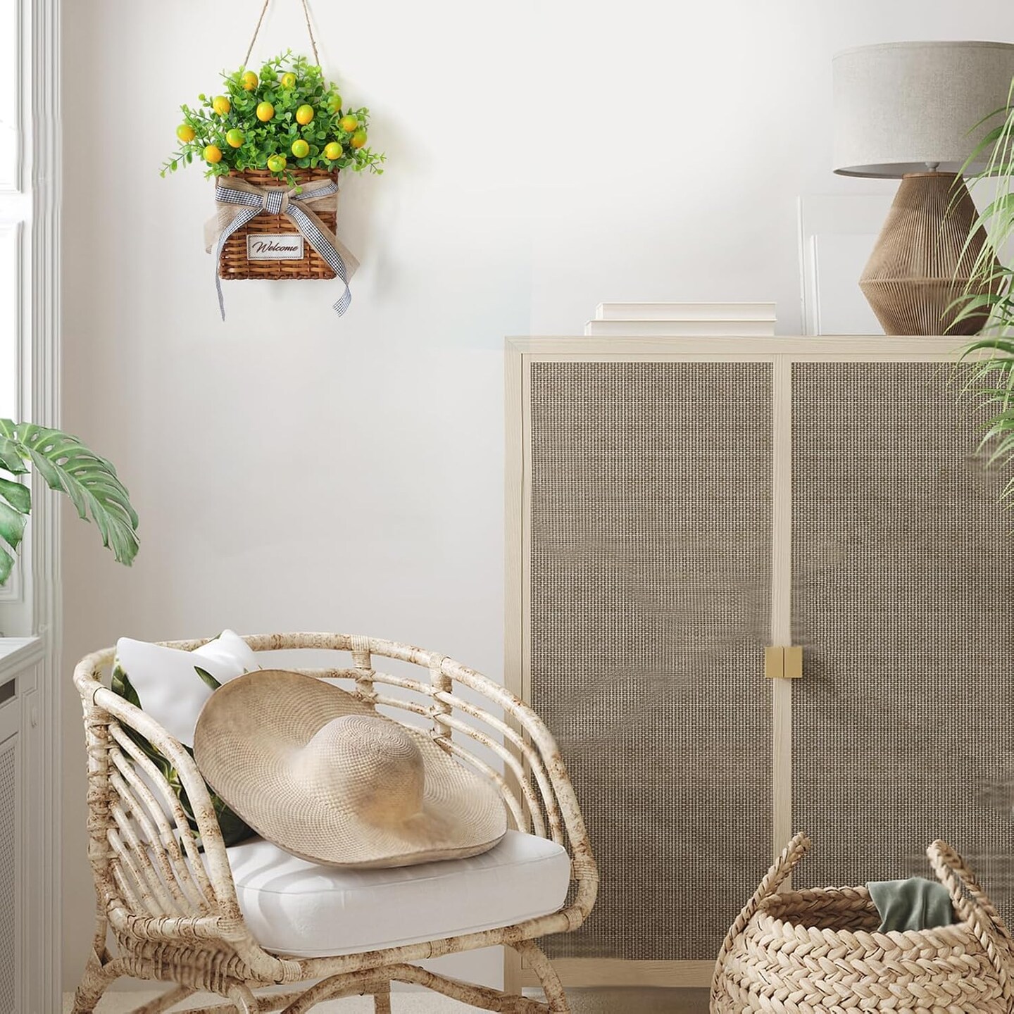 Yellow Lemon Summer Wreath – Artificial Spring & Summer Door Hanger with Green Leaves, Farmhouse-Style Basket Wreath for Front Door, Wall, and All-Season Home Décor