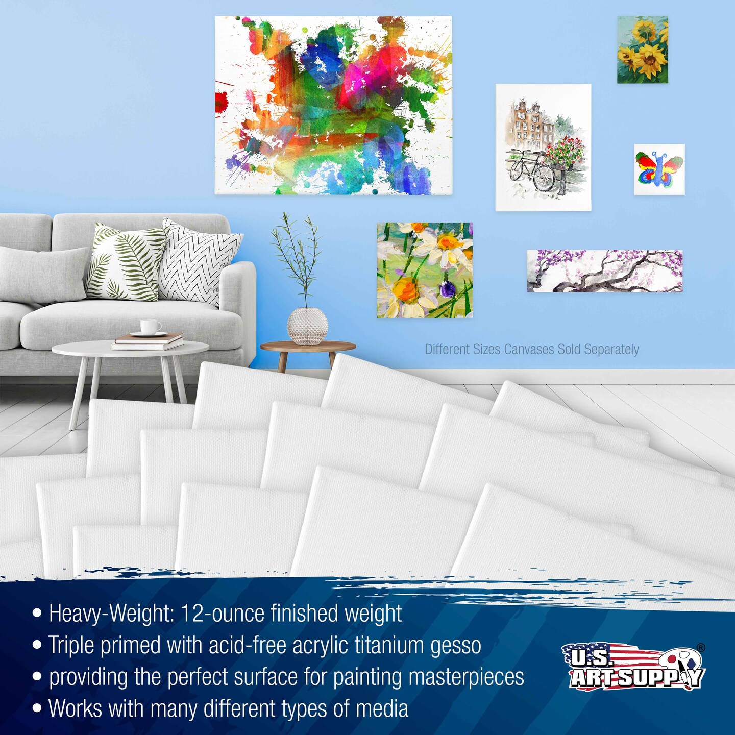 20 x 20 inch Stretched Canvas 12-Ounce Triple Primed, 24-Pack - Professional Artist Quality White Blank 3/4&#x22; Profile, 100% Cotton, Heavy-Weight Gesso