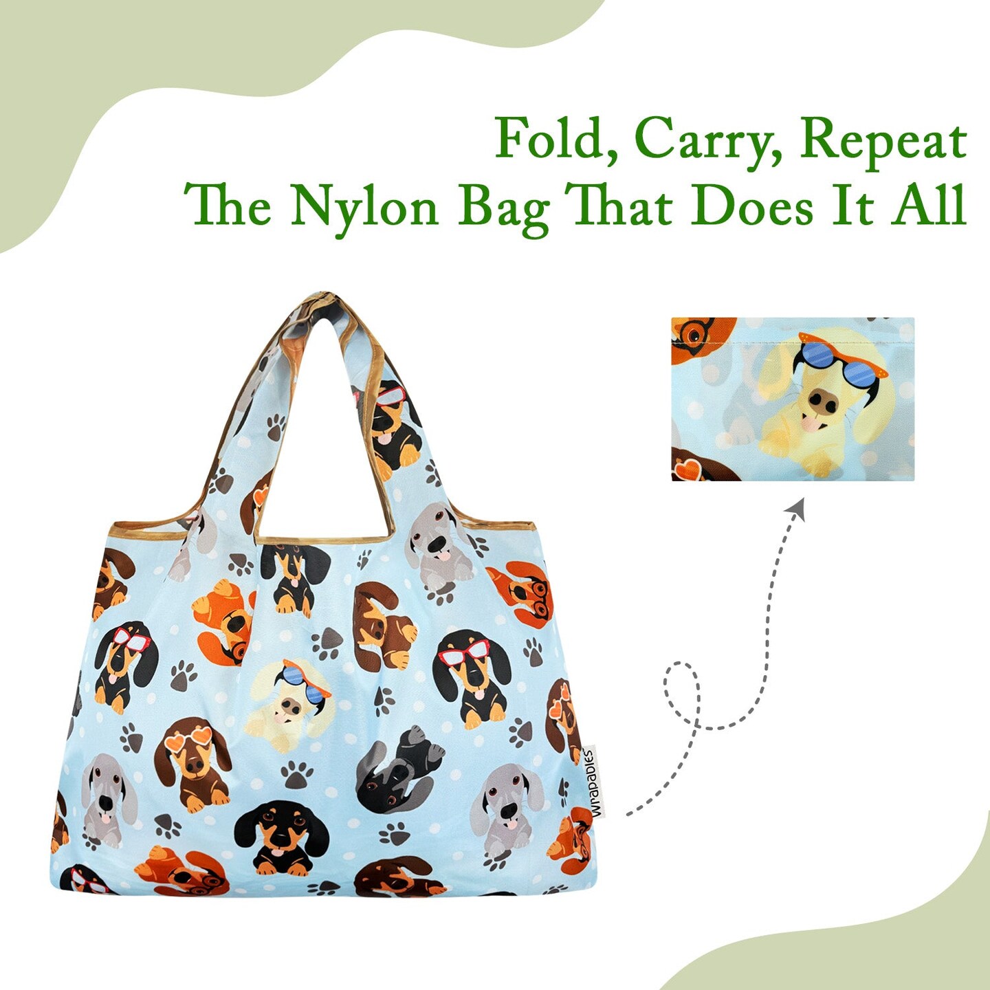Wrapables Large Foldable Tote Nylon Reusable Grocery Bags, Stylish Doggies