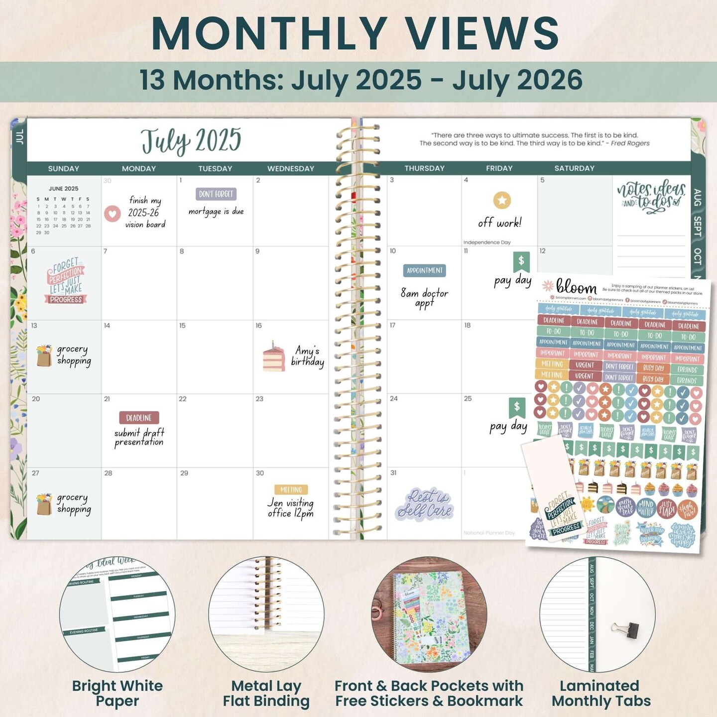 bloom daily planners 2025-26 Academic Planner, Soft Cover, 8.5&#x22; x 11&#x22;, Garden Party, Beige
