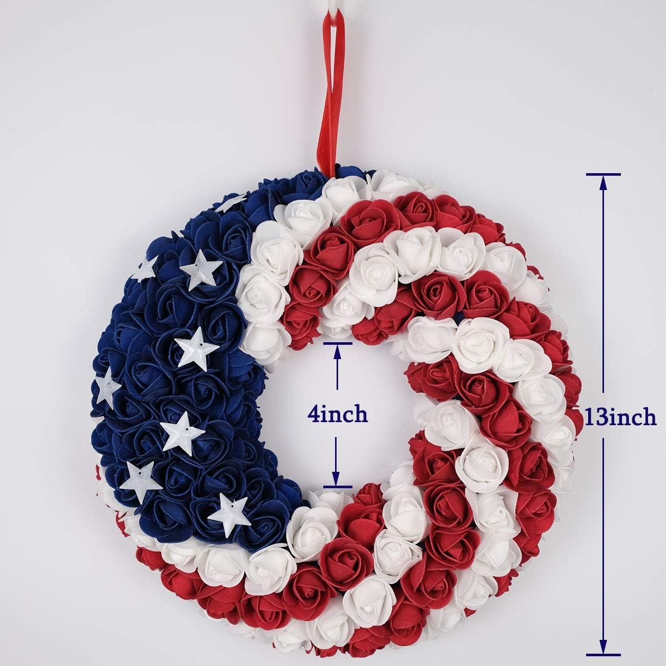 July 4th Wreath Patriotic Americana Wreath Boxwood Handcrafted Memorial Day Wreath Festival Garland Decoration Front Door Wall Home Decor (Blue)