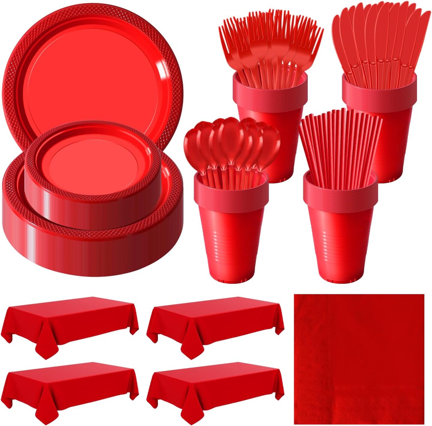 Disposable Plastic Tableware Set-484PCS Plastic Plates Set Includes 60 Of Each Dinner & Dessert Plates, Cups, traws, Spoons, Forks & Knives for Party (Red, 484PCS(60 Guests))