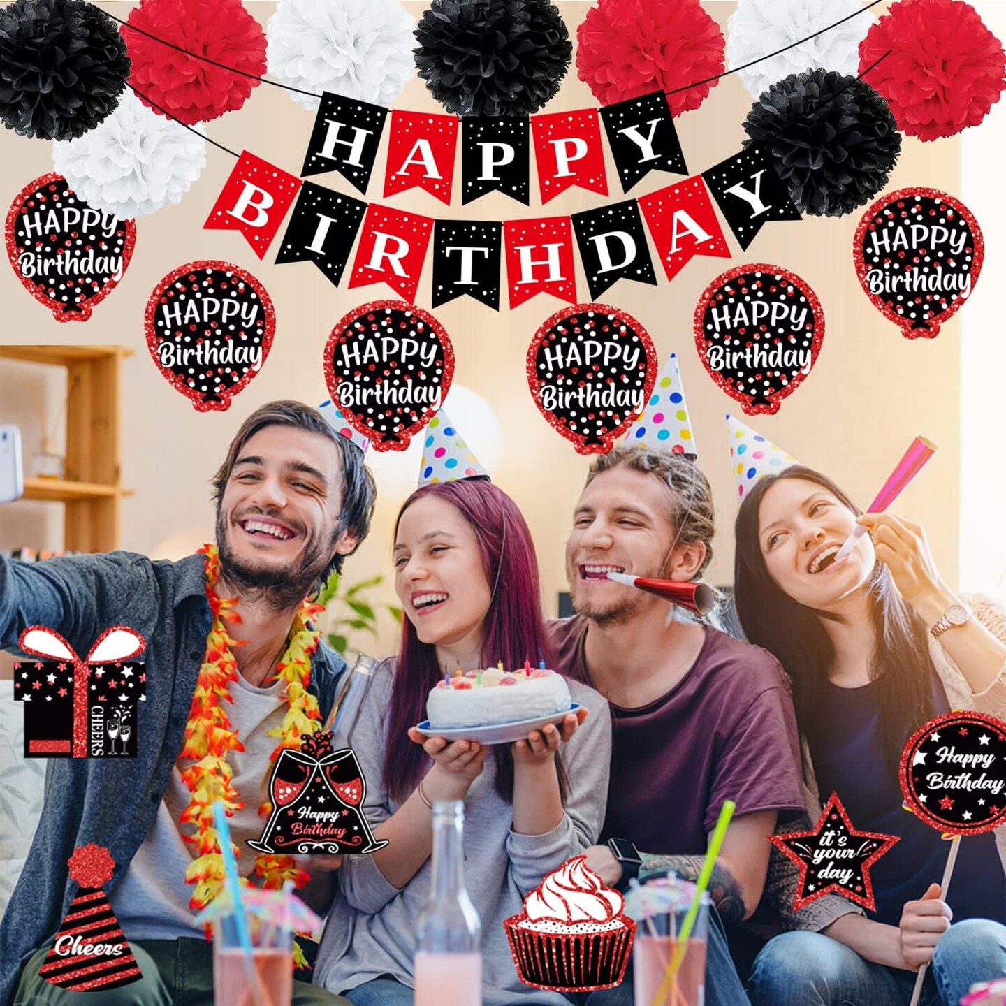 Birthday Decorations Red Black, Happy Birthday Party Decorations for Men Women Boys Girls (48pack), Happy Birthday Banner Gifts, Double-Sided Pattern Card, 9 Pompoms, Hanging Swirl Bday Decor Supplies