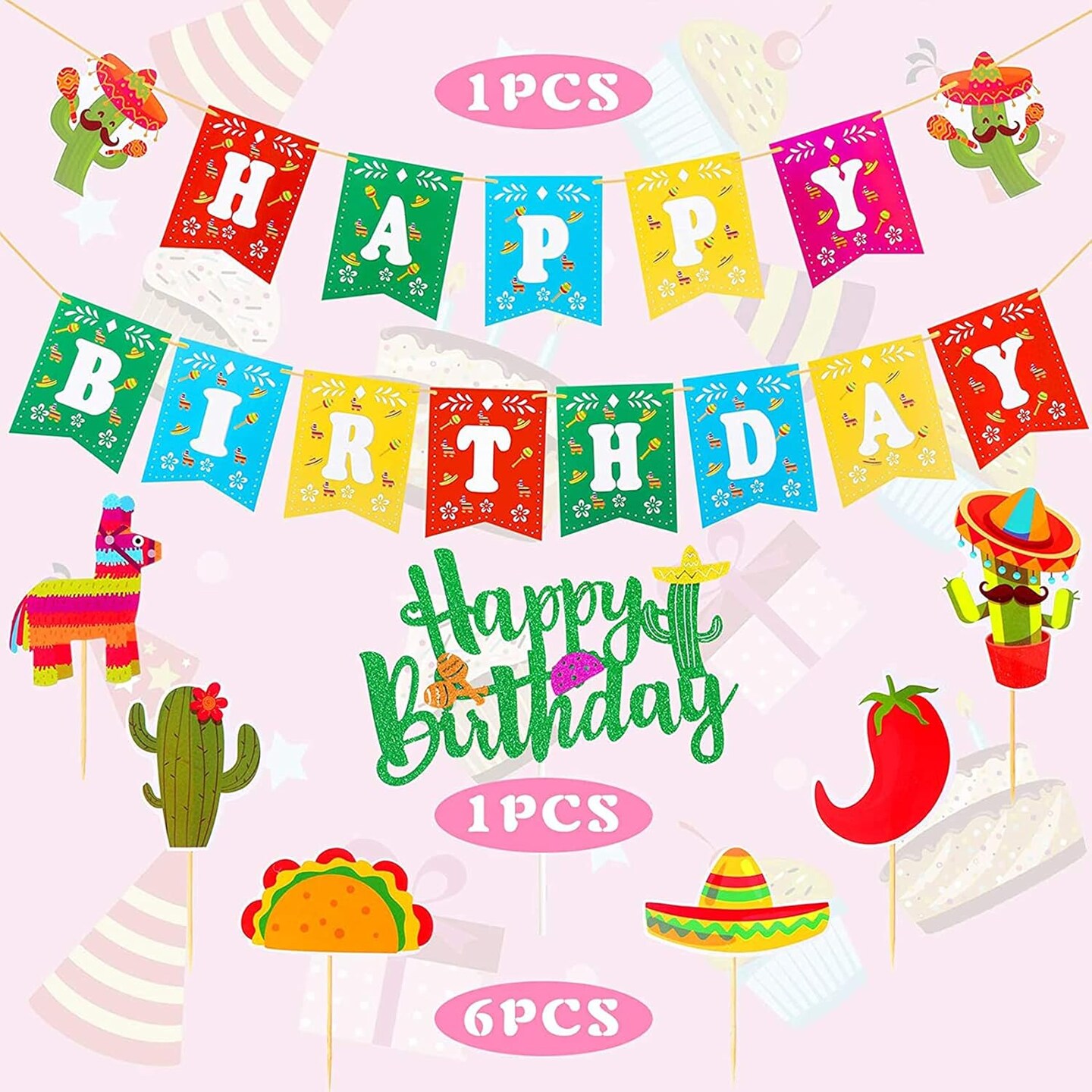 Mexican Theme Birthday Party Decorations Set, Fiesta Party Supplies, Pre-Strung Happy Birthday Banner, Cupcake Cake Toppers, Cactus Taco Ceiling Hanging Swirls, Mexican Cinco De Mayo Party Supplies