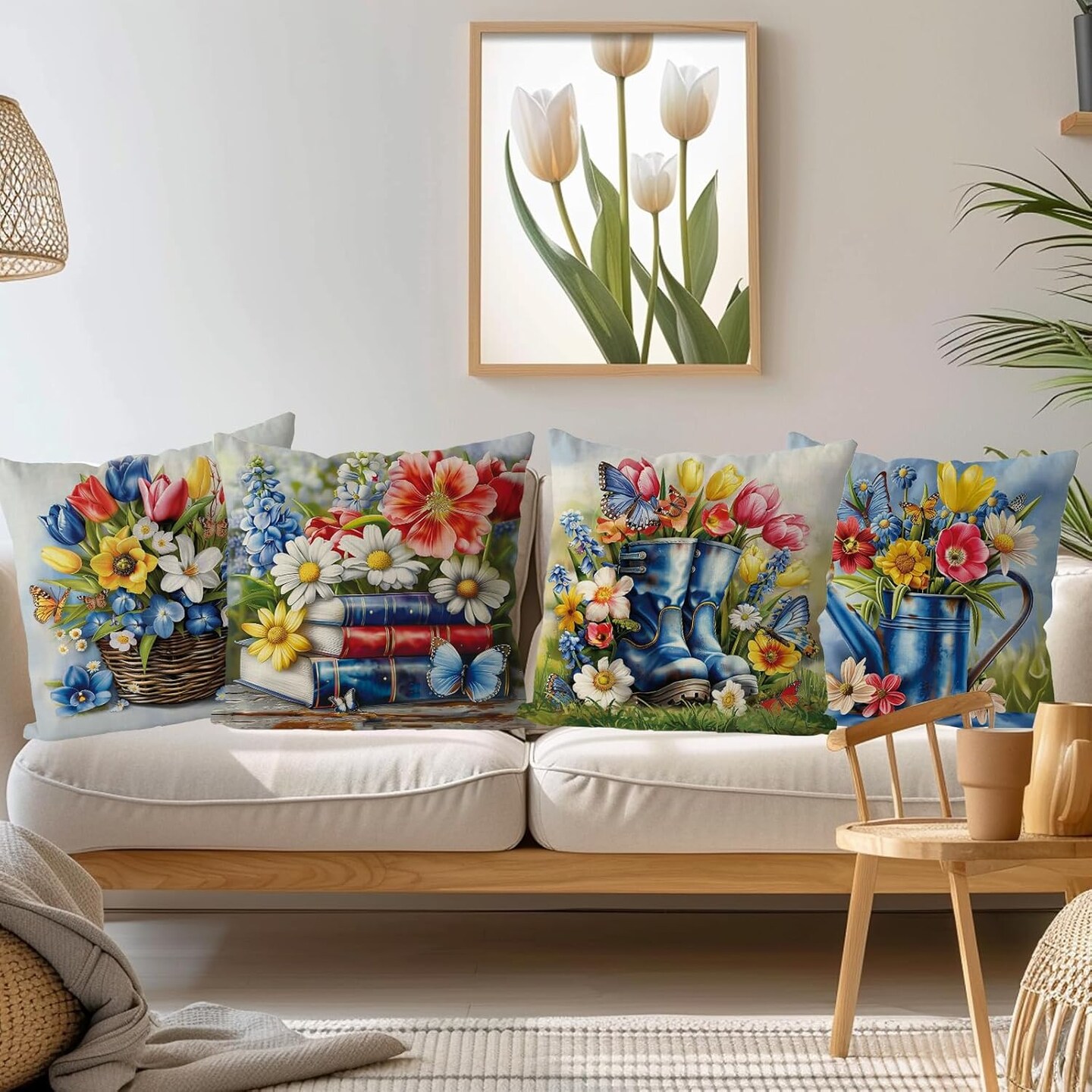 Spring Pillow Covers 18x18 Inch Set of 4 Blue Shoes Floral Butterfly Decorative Throw Pillow Covers Seasonal Holiday Cushion Case Farmhouse Home Sofa Living Room Decorations