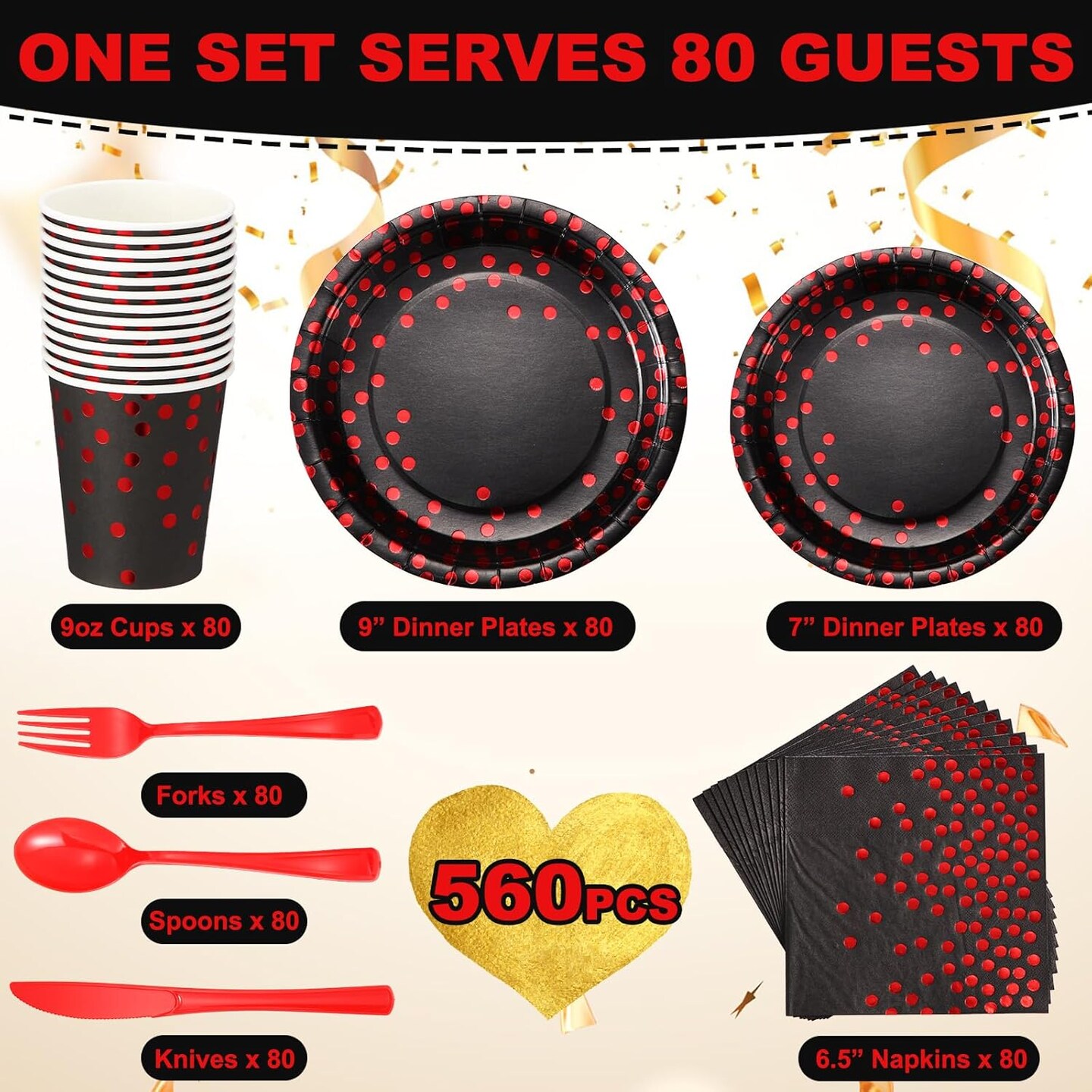 560 Pcs Black and Red Party Supplies for 80 Guests - Disposable Dinnerware Set with Black and Red Paper Plates, Napkins, Cups, Plastic Forks, Knives and Spoons