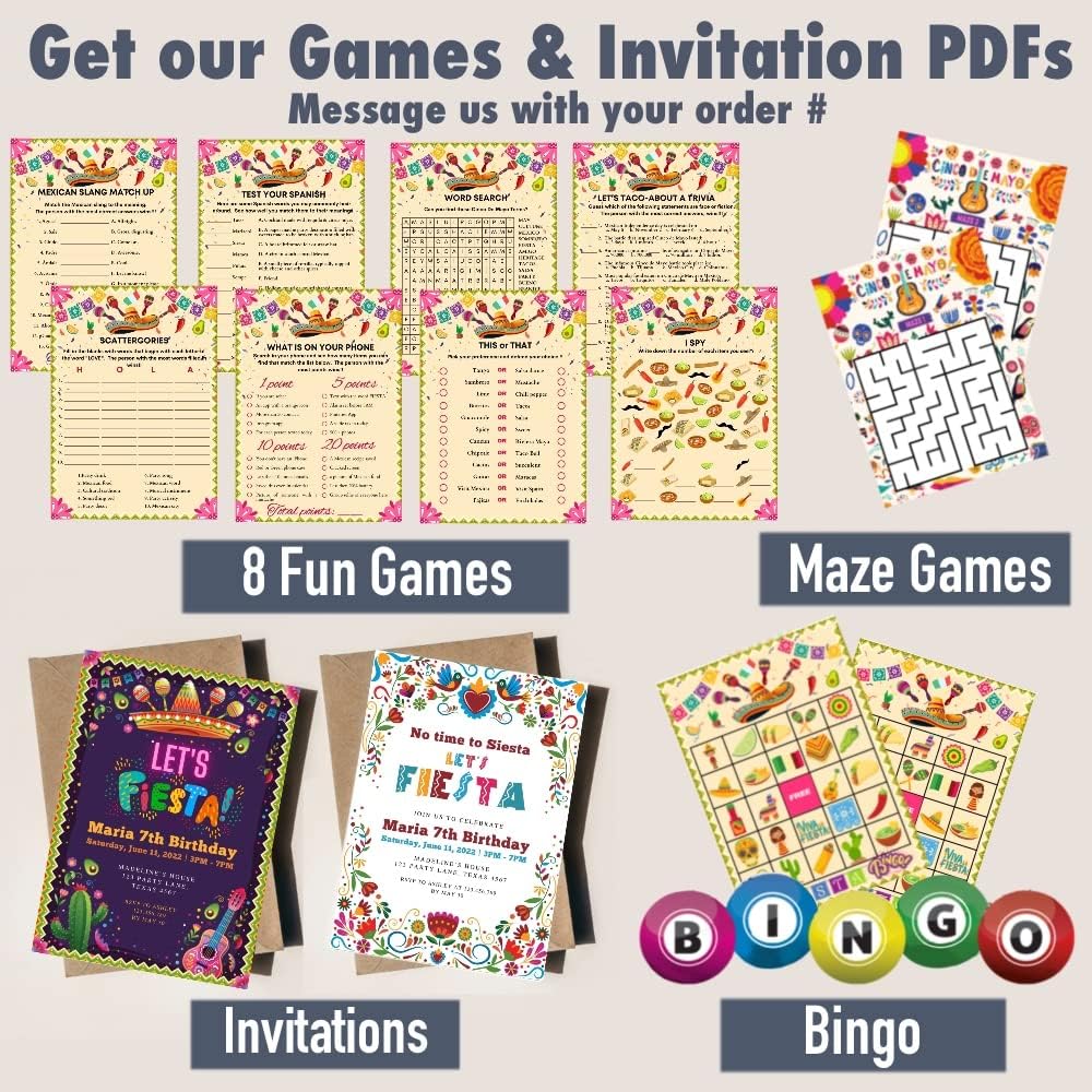 Mexican Fiesta Party Decorations &#x2013; Cinco De Mayo - 6 Paper Fans, 5 Flowers Pom Poms, Papel Picado, Editable PDF Games - Taco Bout Tuesday, Birthday, Engagement Supplies