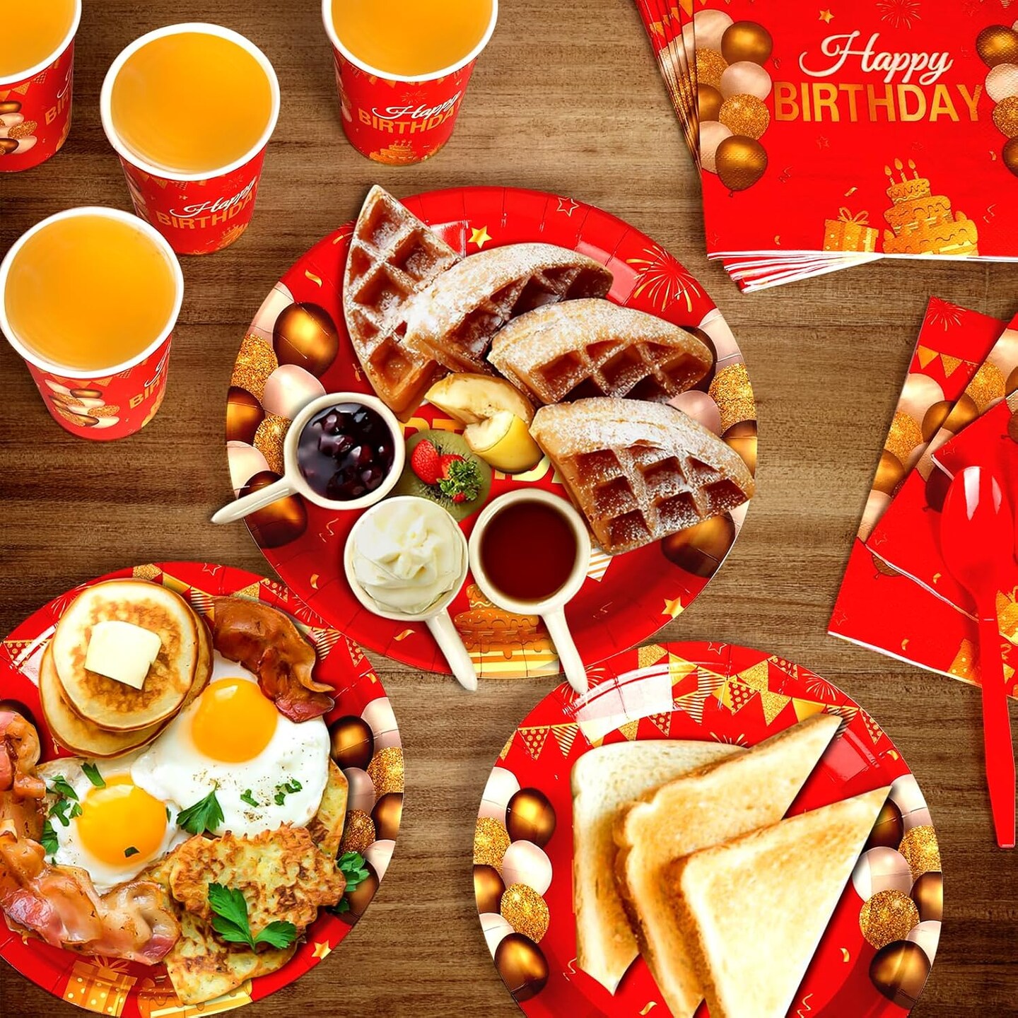 168 Pcs Red and Gold Party Supplies Tableware Set Happy Birthday Plates, Knife,Forks,Spoons, Cups and Napkins Table Decorations