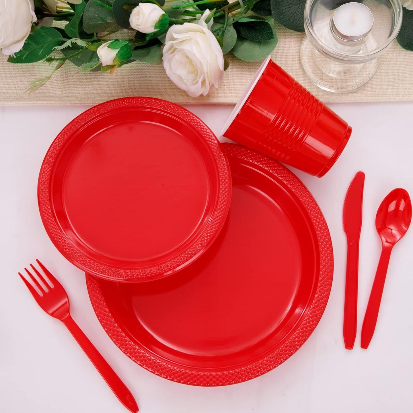 210 Pieces Red Party Supplies Disposable Dinnerware Set, Including Red Plastic Plates, 12OZ Cups, Plastic Cutlery and Paper Napkins