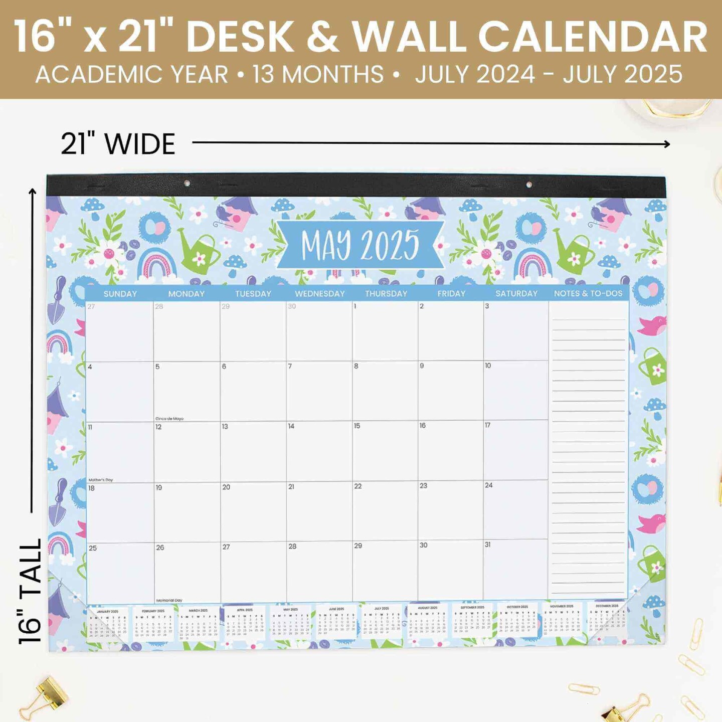 bloom daily planners 2025 Desk Calendar, 16&#x22; x 21&#x22;, Holiday Icons