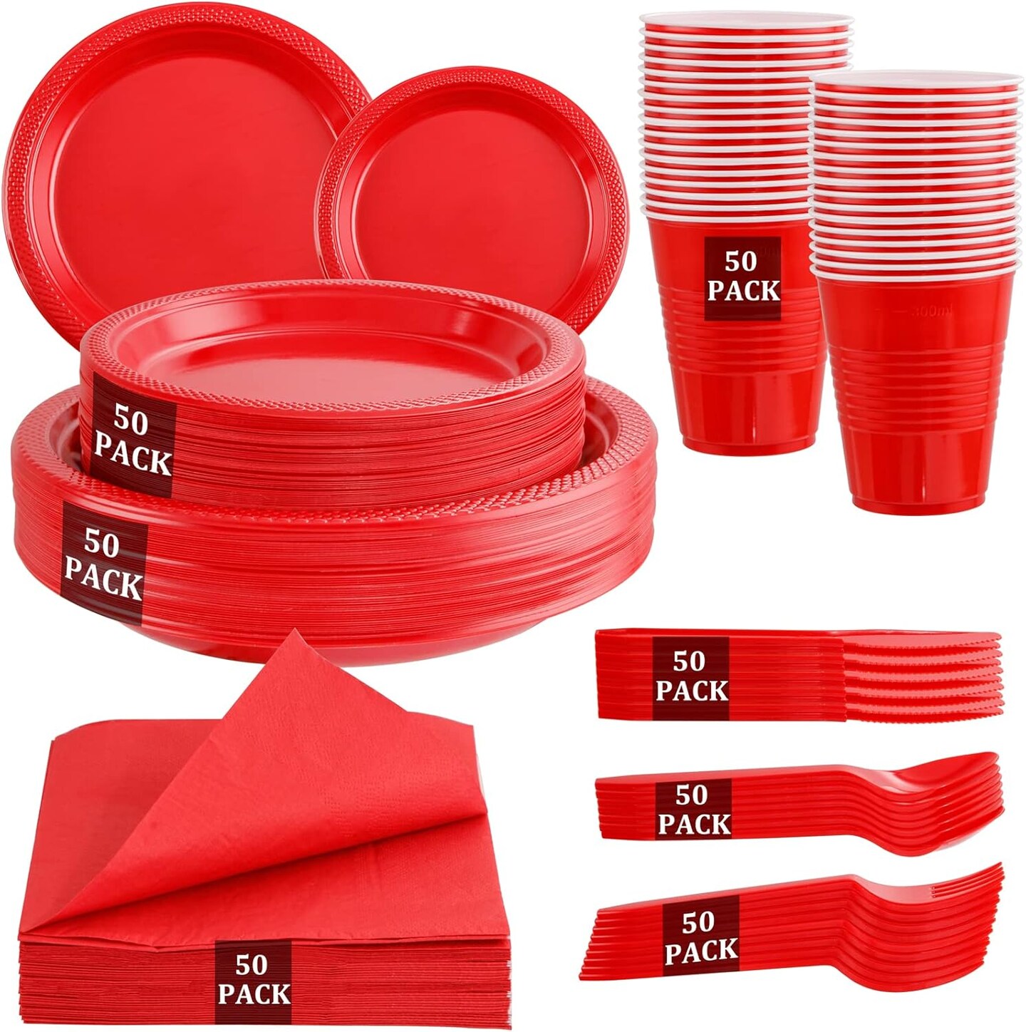 350PCS Red Disposable Plastic Plates,Valentines Day Plates Includes 50 Dinner Plates, 50 Salad Plates, 50 Sets of Red Silverware, 50 Red Napkins and 50Pcs 12OZ Plastic Cups