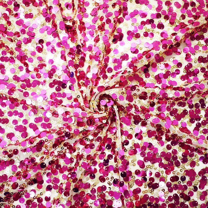 Fuchsia Pink-Gold-Beige Nylon Sequined Mesh Tulle Fabric By the Yard