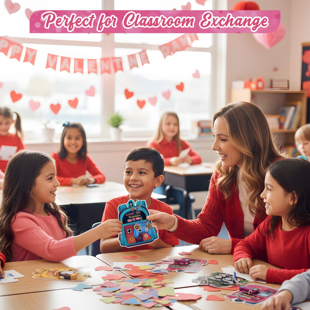 4E’s Novelty 30 Pack Video Game Valentines Cards with Gamer Keychain Valentines for Kids Classroom