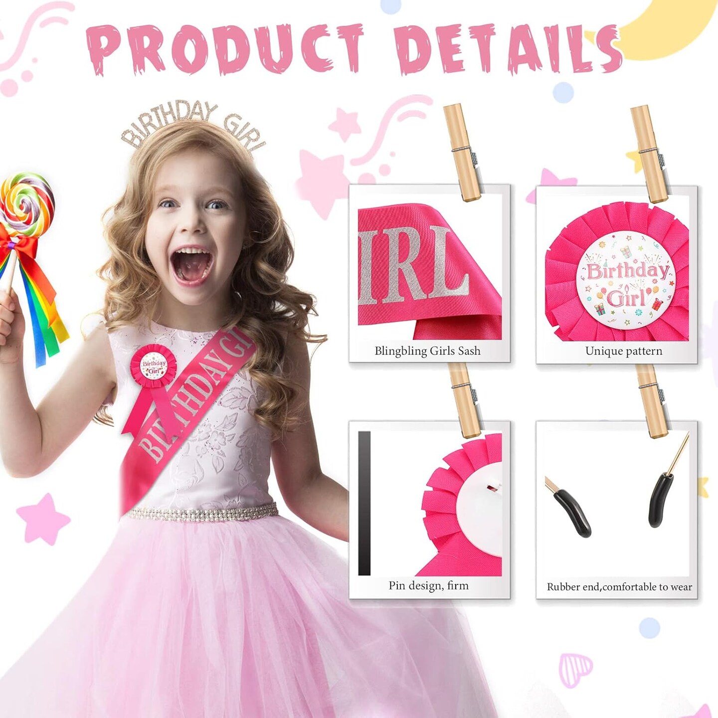 Birthday Girl Set - Rose Red - Sash, Crown, and Award Ribbon for Girls&#x27; Birthday Party Decorations