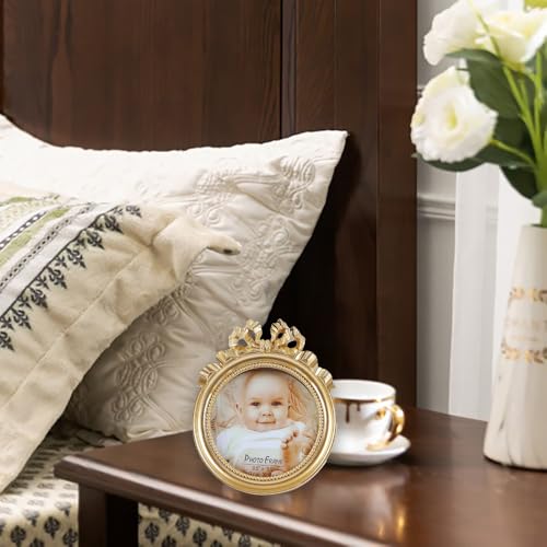 Vintage Picture Frames 3.5x3.5 Ornate Wallet Size Round Small Gold Picture Frames for Tabletop and Wall Mount Retro Home Decor Antique Wall Decor with Embossed Bead and Bow
