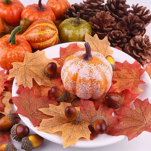 50 PCS Thanksgiving Fall Harvest Decor Set, 8 PCS Artificial Pumpkins,30 PCS Lifelike Maple Leaves,10pcs Realistic Acorn,2pcs Pine Cones,Halloween Wedding Tables Centerpieces  & Organizer Storage Tote Bag