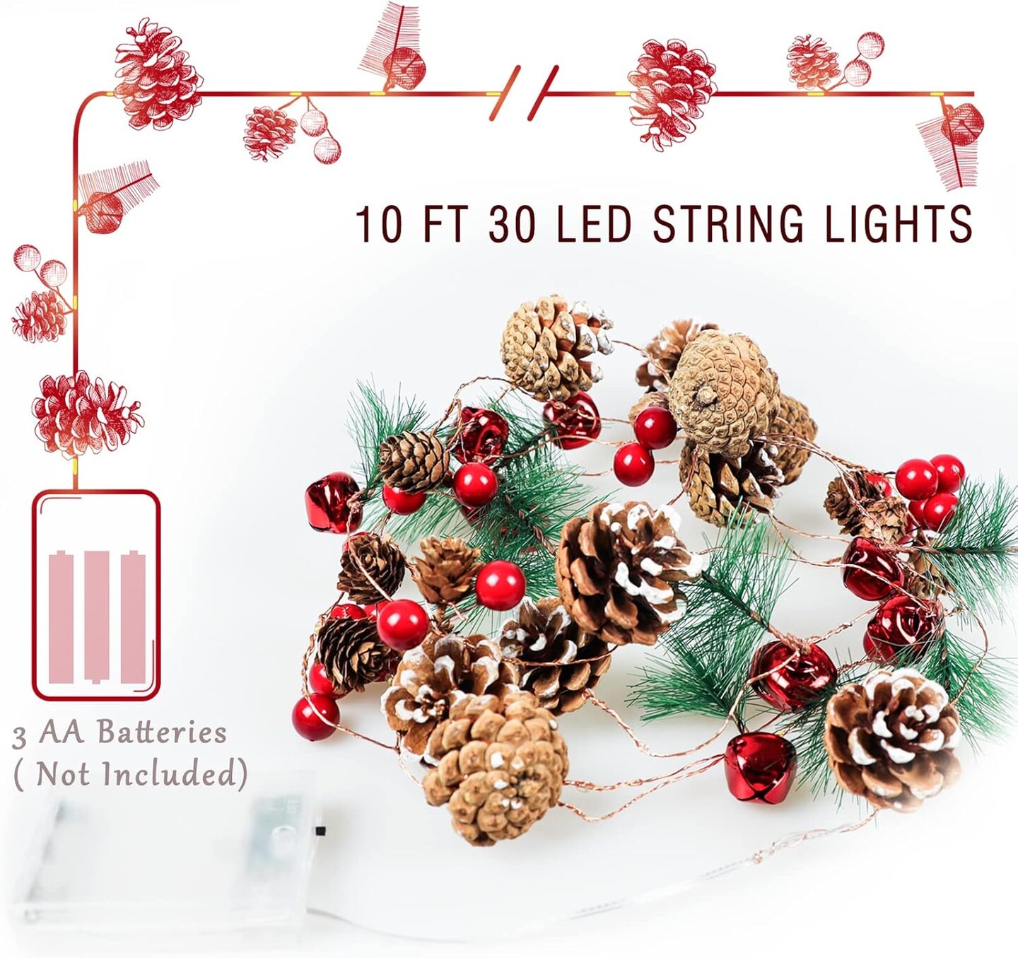 Christmas Garland with String Lights 10 Ft 30 LED Pine Cone Red Berry Bells Garland Lights, Indoor Christmas Decorations for Home and Fireplace Mantel Decor,Christmas Tree Decor (Red)