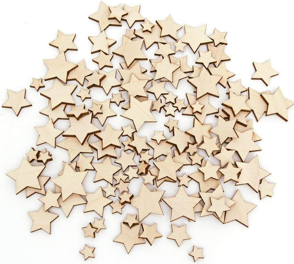 100 Pcs Unfinished Wooden Star Ornaments – Assorted Sizes Blank Wood Cutouts for Christmas, Wedding, Party & DIY Crafts