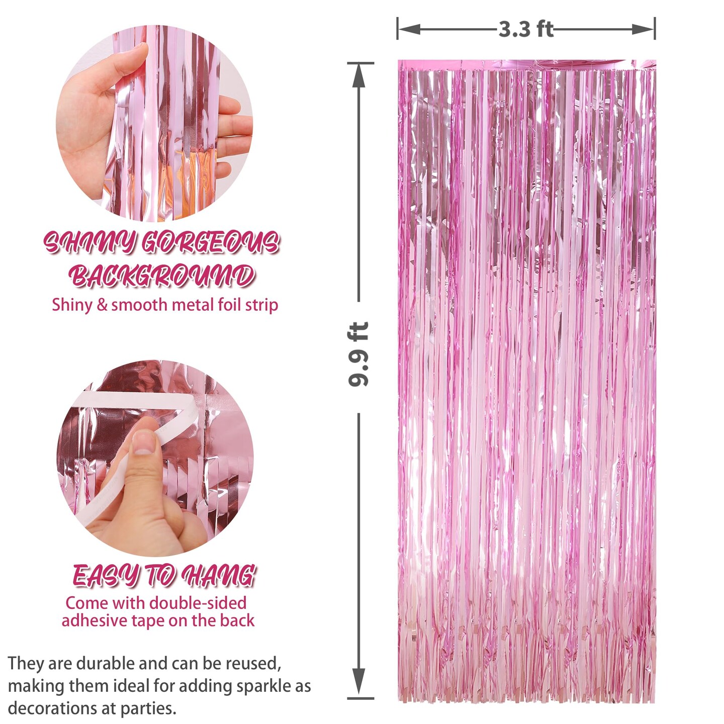3 Pack 3.3 x 9.9 ft Pink Foil Fringe Glitter Curtains Party Decorations, Tinsel Backdrop for Parties, Door Streamers for Birthday, Photo Booth Backdrops, Party Decor