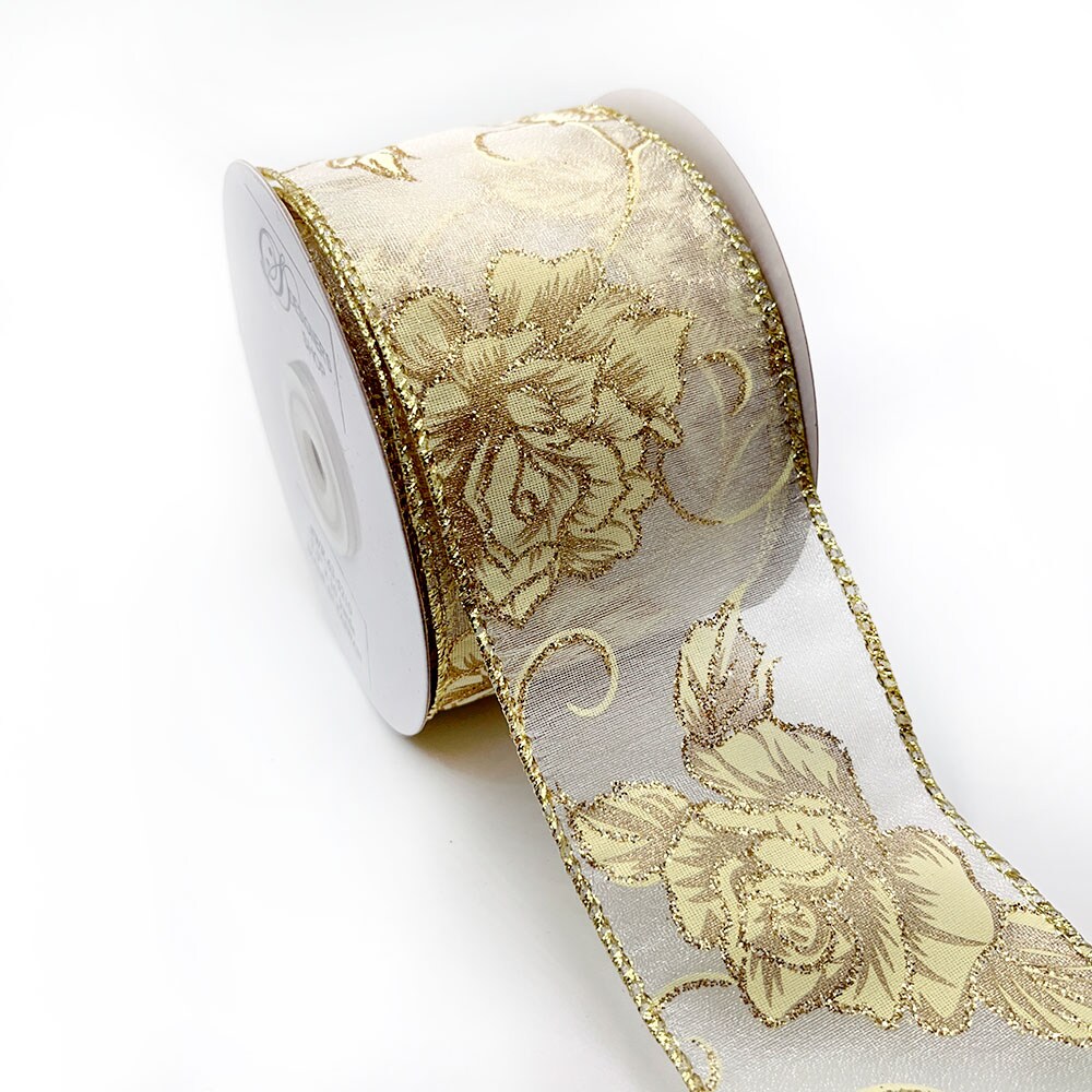 Designer's Shop WR 63-5210 2.5” x 10 yard Holiday Gold Wild Rose Floral on Sheer wired edge ribbons