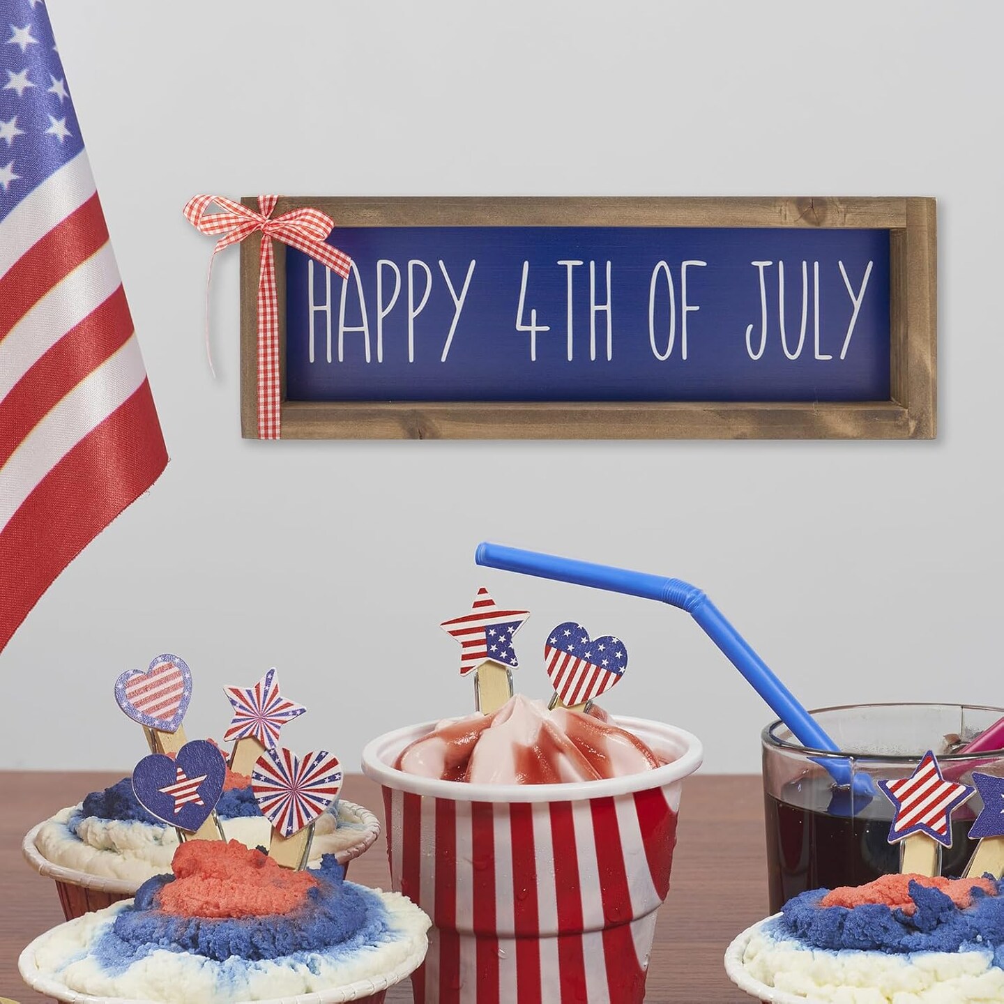Happy 4th Of July Sign Independence Day Decorations For Home Wooden Patriotic Indoor Table Top Centerpieces Wall Mantle Office American Fourth Of July Wood Signage Farmhouse Decor