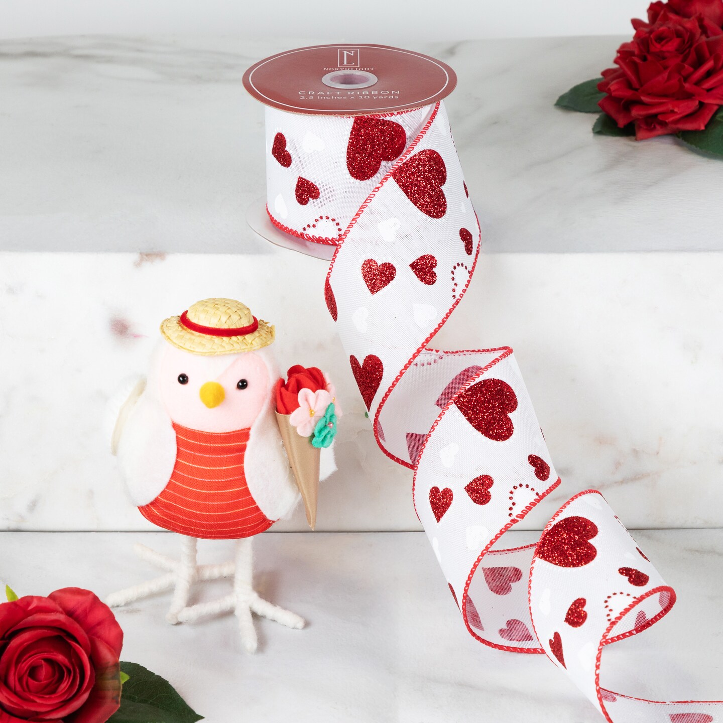 Northlight Glitter Hearts Valentine&#x27;s Day Wired Craft Ribbon  - 2.5&#x22; x 10 Yards - White and Red