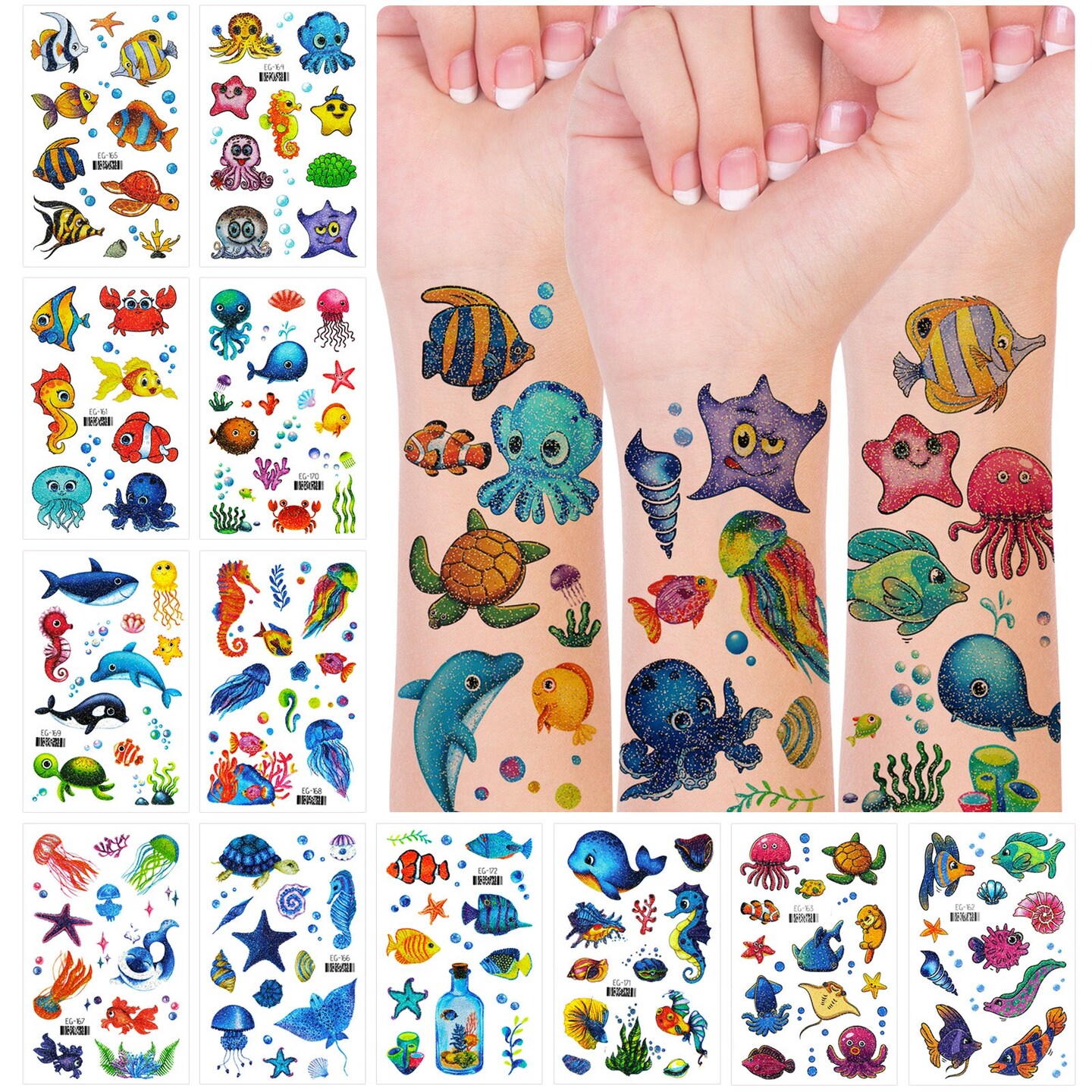 Wrapables Waterproof Glitter Temporary Tattoos, Birthday Party Favors and Supplies, Goodie Bag Fillers, 12 Sheets Ocean Animals